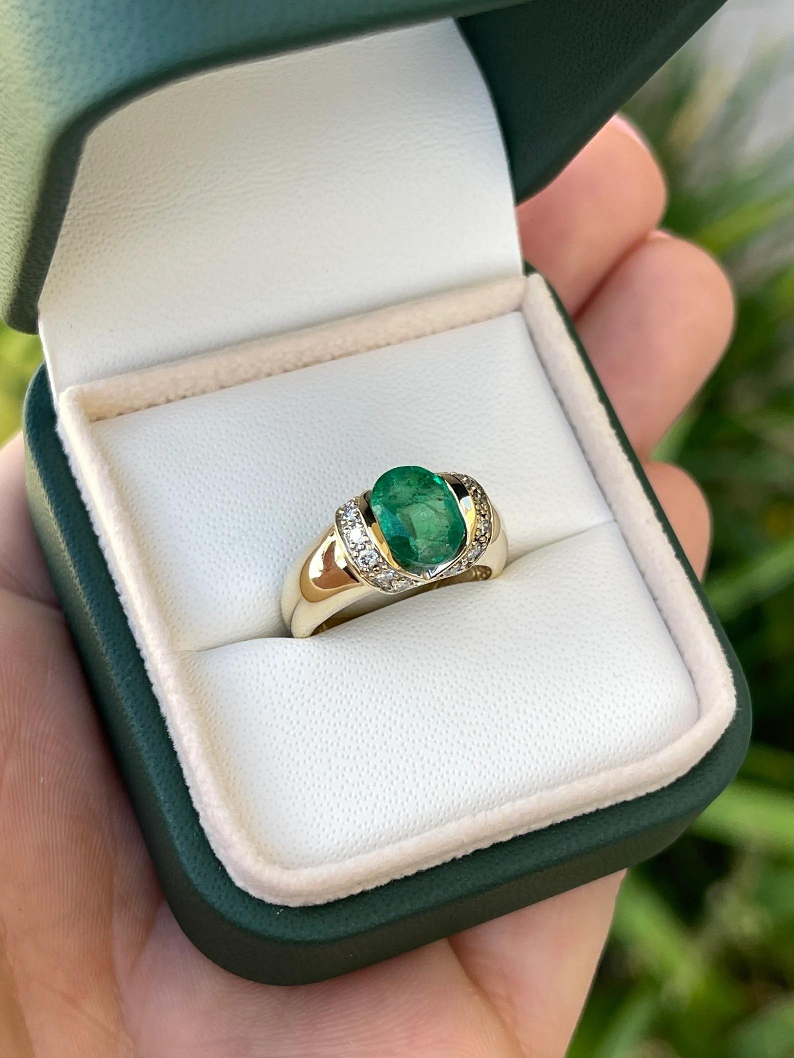 Women's or Men's 2.22tcw Modern Natural Oval Cut Emerald & Diamond Accent Tension Set Ring 14K  For Sale