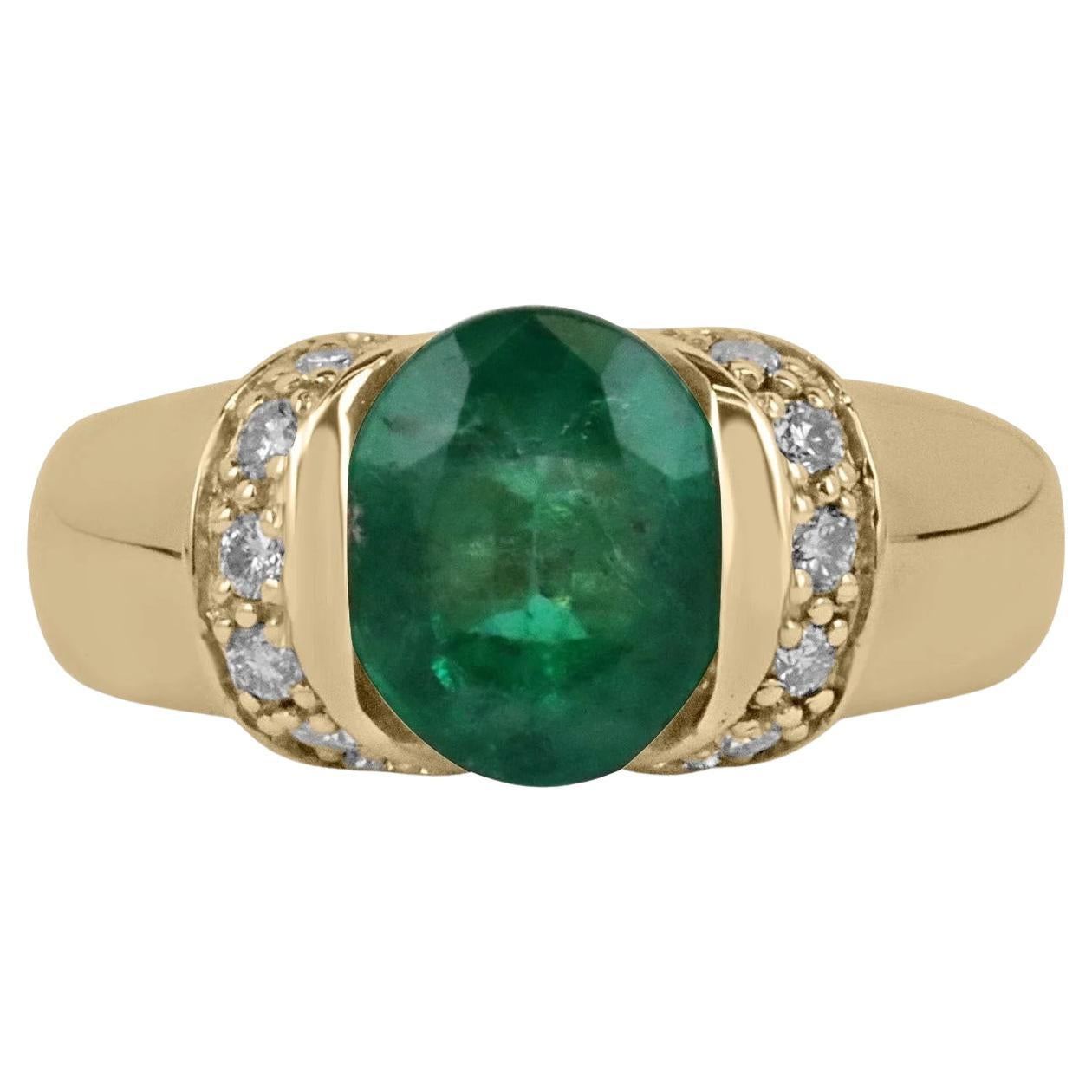 2.22tcw Modern Natural Oval Cut Emerald & Diamond Accent Tension Set Ring 14K  For Sale
