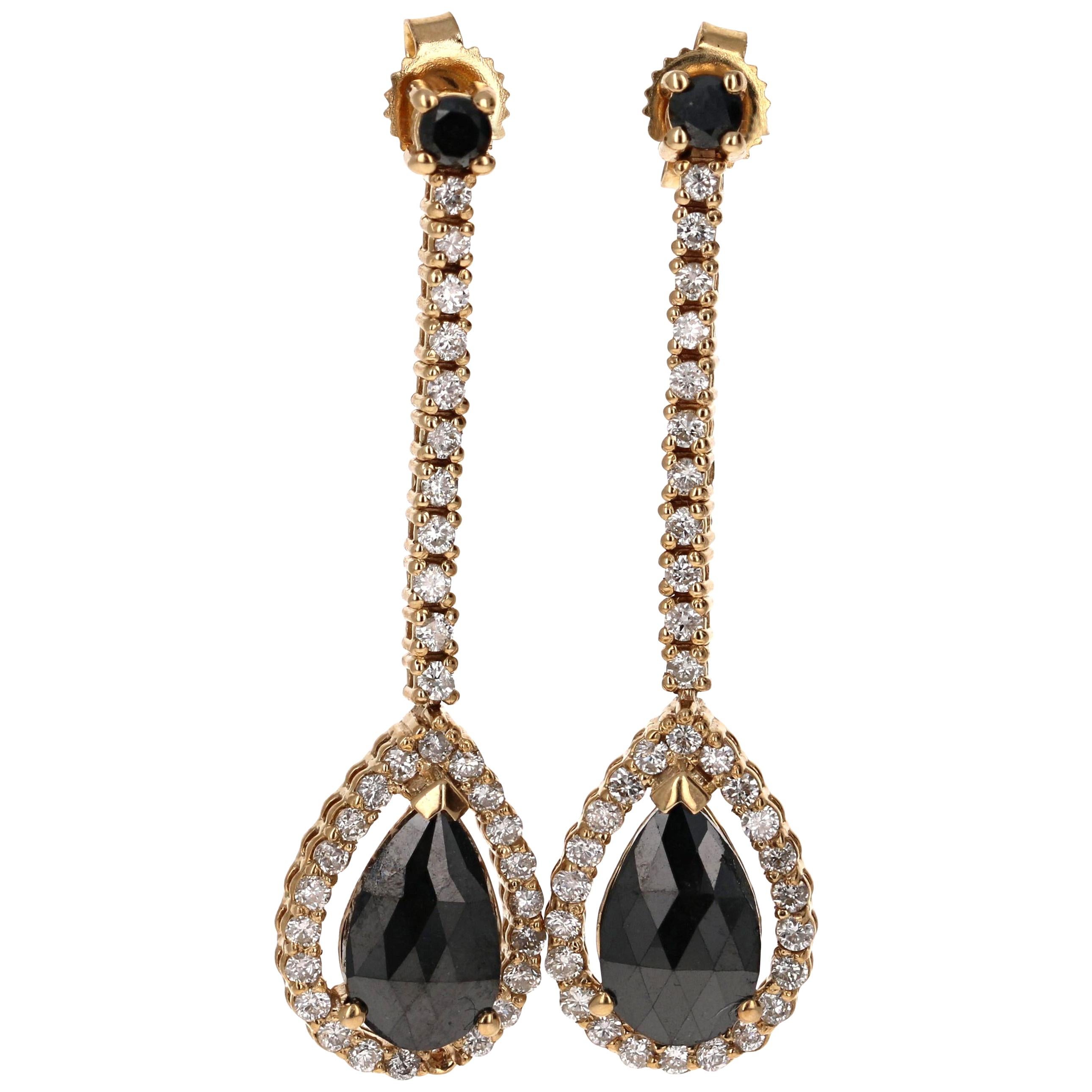 2.23 Carat Black and White Diamond Yellow Gold Drop Earrings For Sale