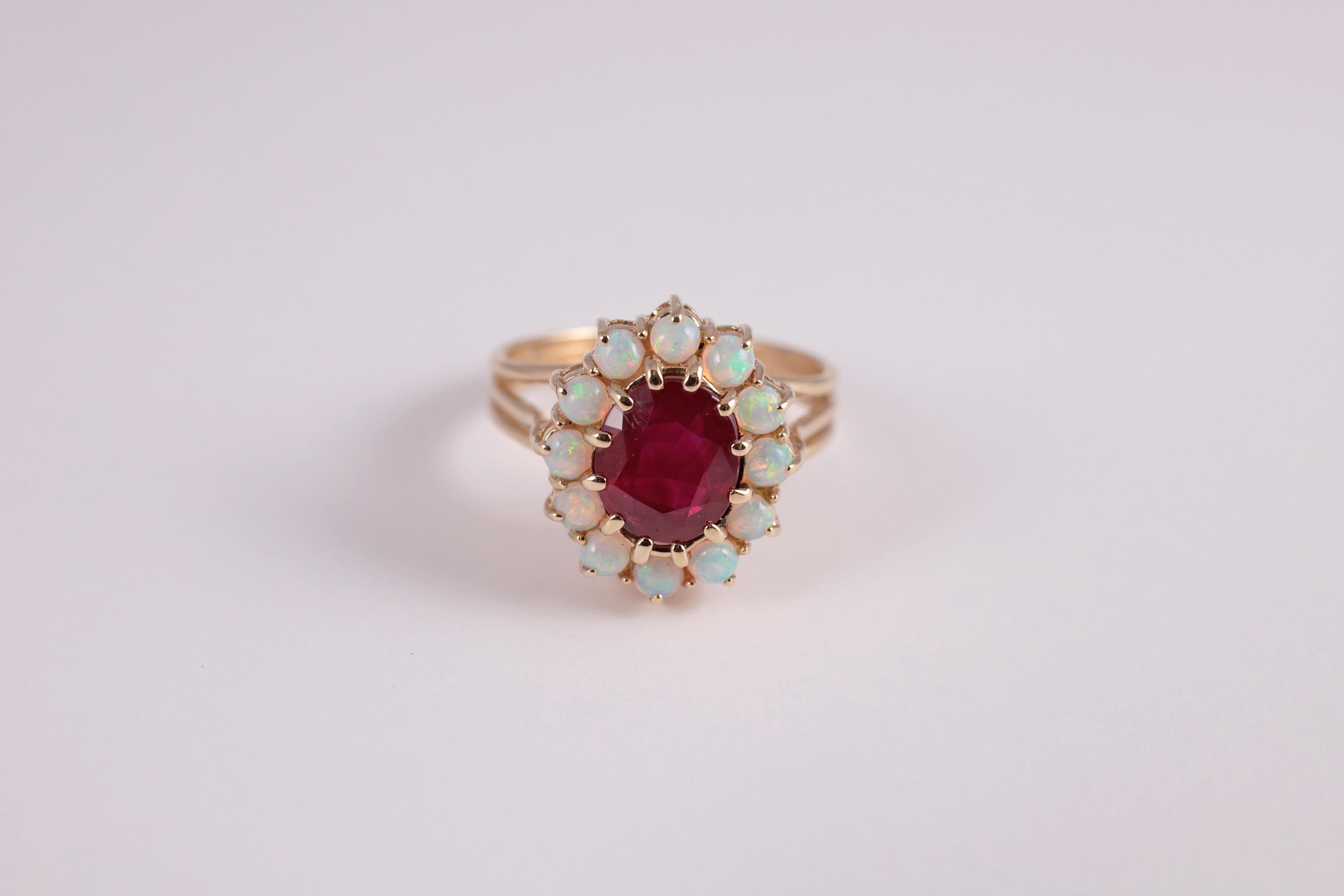 Oval Cut 2.23 Carat Untreated Natural Burma Ruby and Opal Ring
