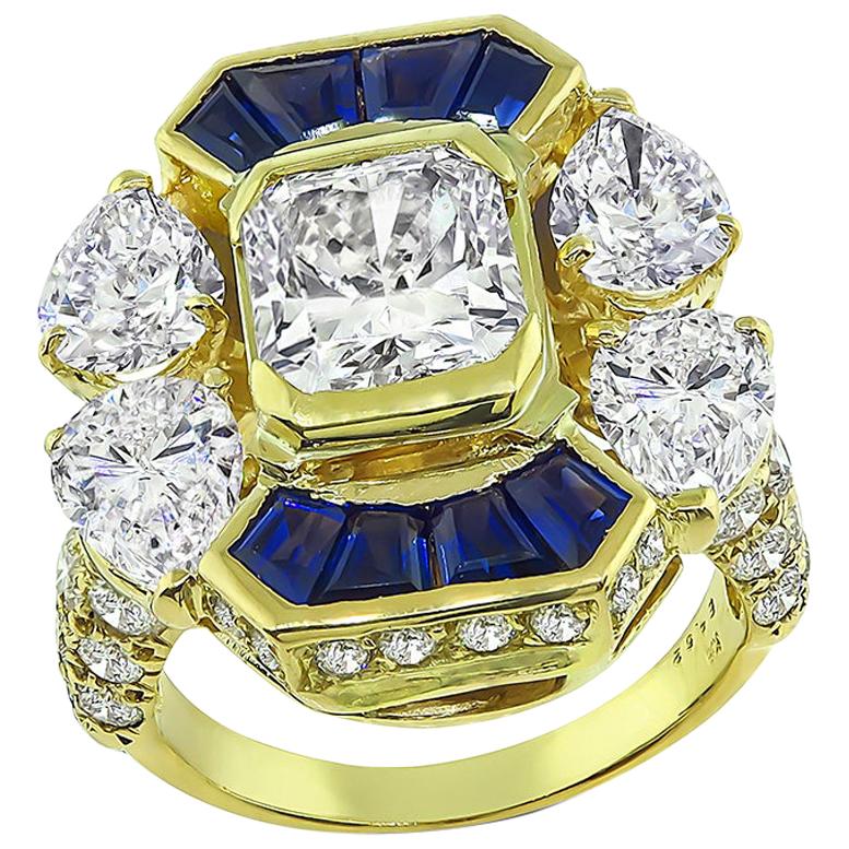 2.23 Carat Center Diamond 3.80 Carat Side Diamond Sapphire Gold Ring