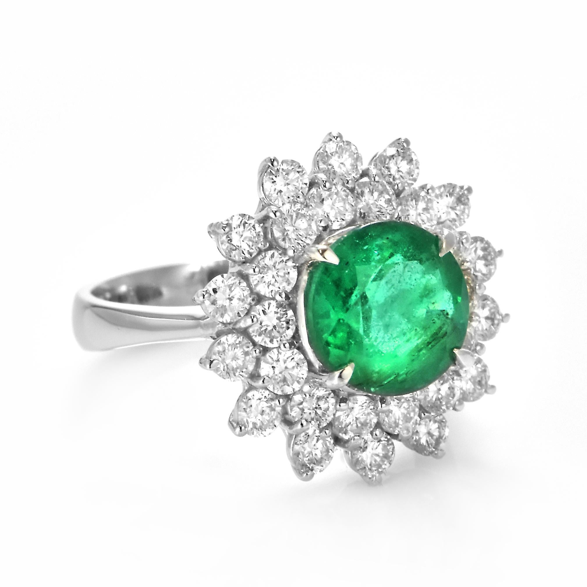 Round Cut 2.23 Carat Natural Round-Cut Emerald and Diamond Ring Made in Platinum For Sale
