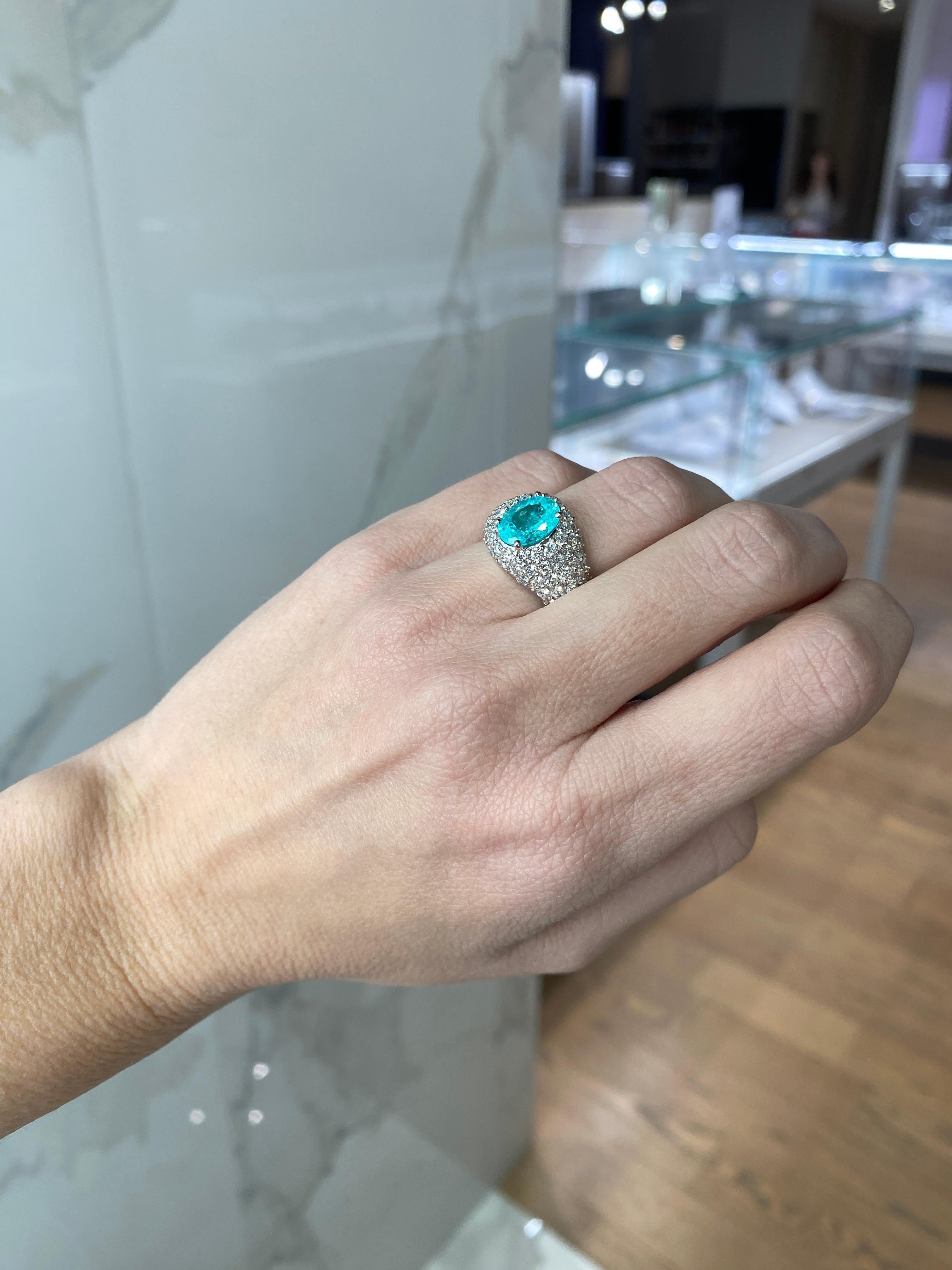 2.23 Carat Oval Cut Paraiba Tourmaline & Diamond 18 Karat White Gold Ring For Sale 6
