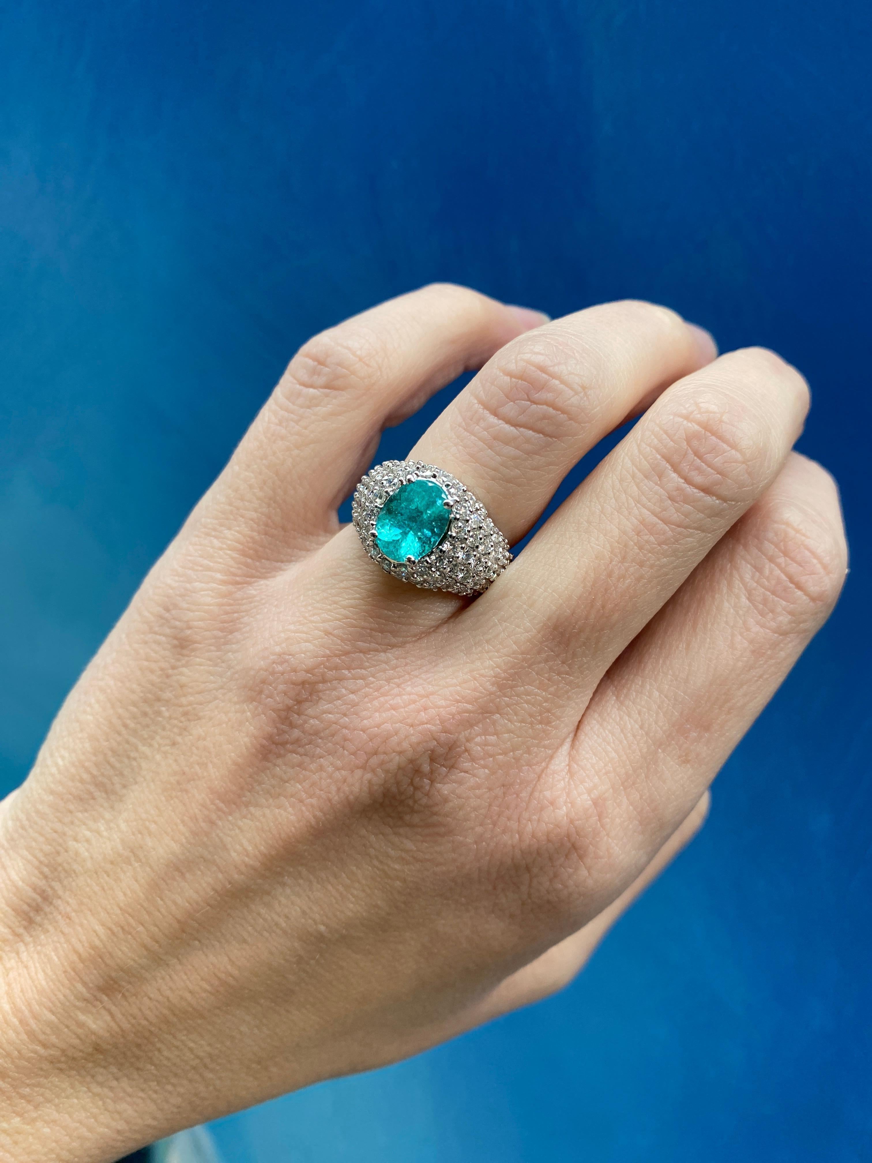 2.23 Carat Oval Cut Paraiba Tourmaline & Diamond 18 Karat White Gold Ring For Sale 7