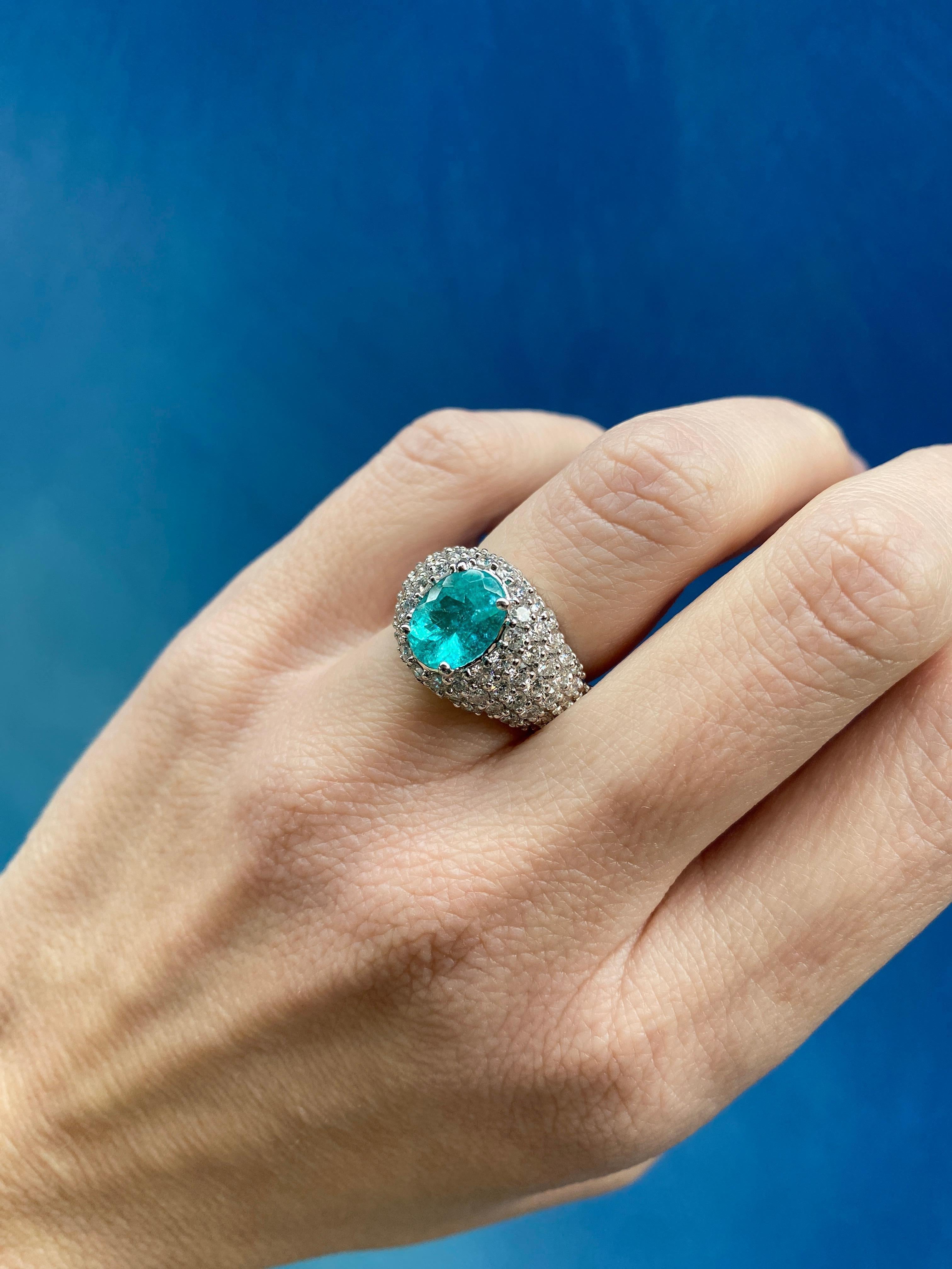 2.23 Carat Oval Cut Paraiba Tourmaline & Diamond 18 Karat White Gold Ring For Sale 8