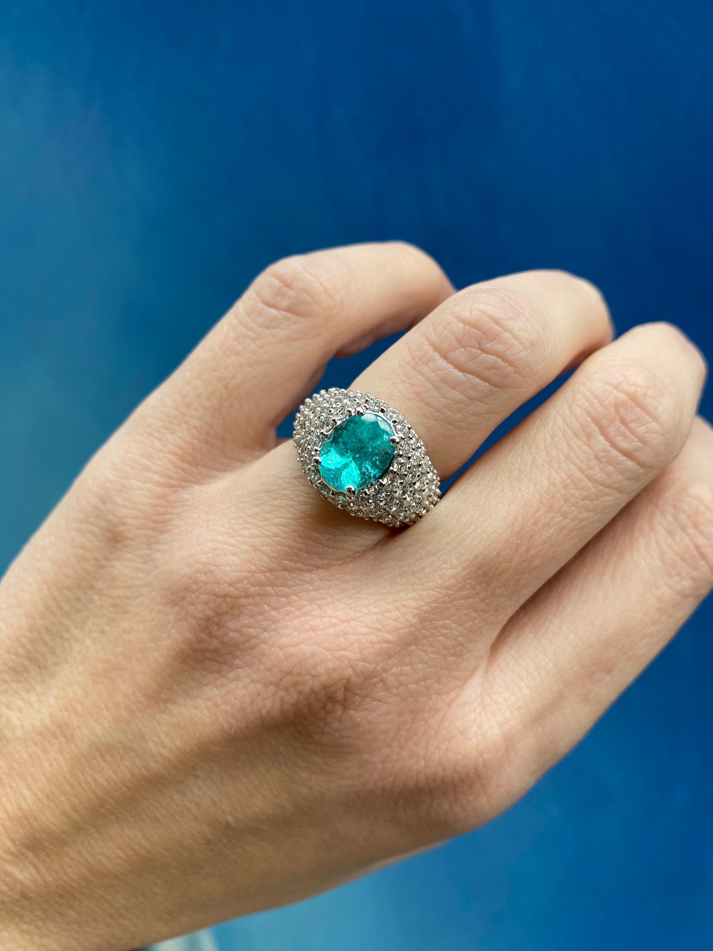 2.23 Carat Oval Cut Paraiba Tourmaline & Diamond 18 Karat White Gold Ring For Sale 9