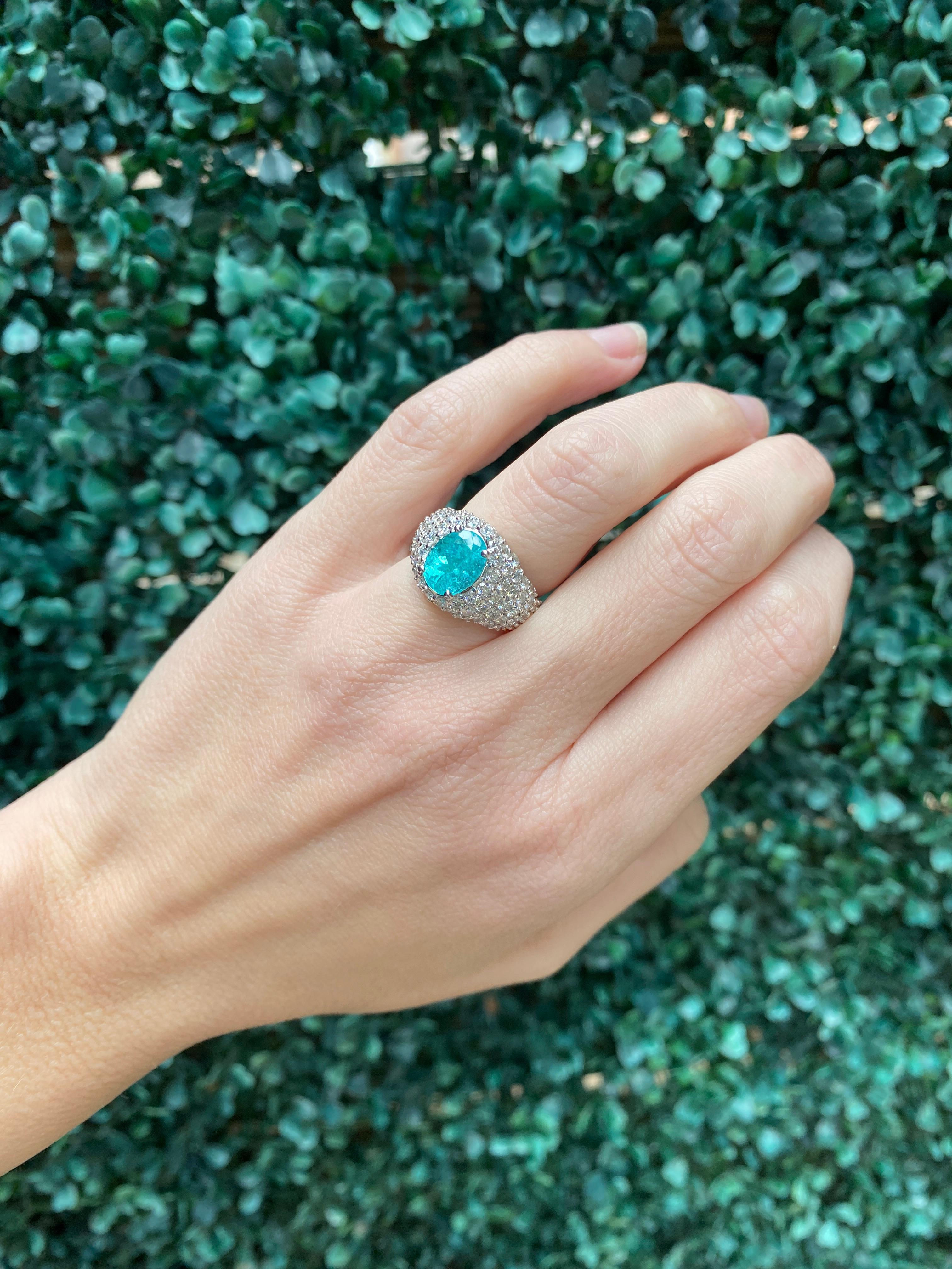 2.23 Carat Oval Cut Paraiba Tourmaline & Diamond 18 Karat White Gold Ring For Sale 11