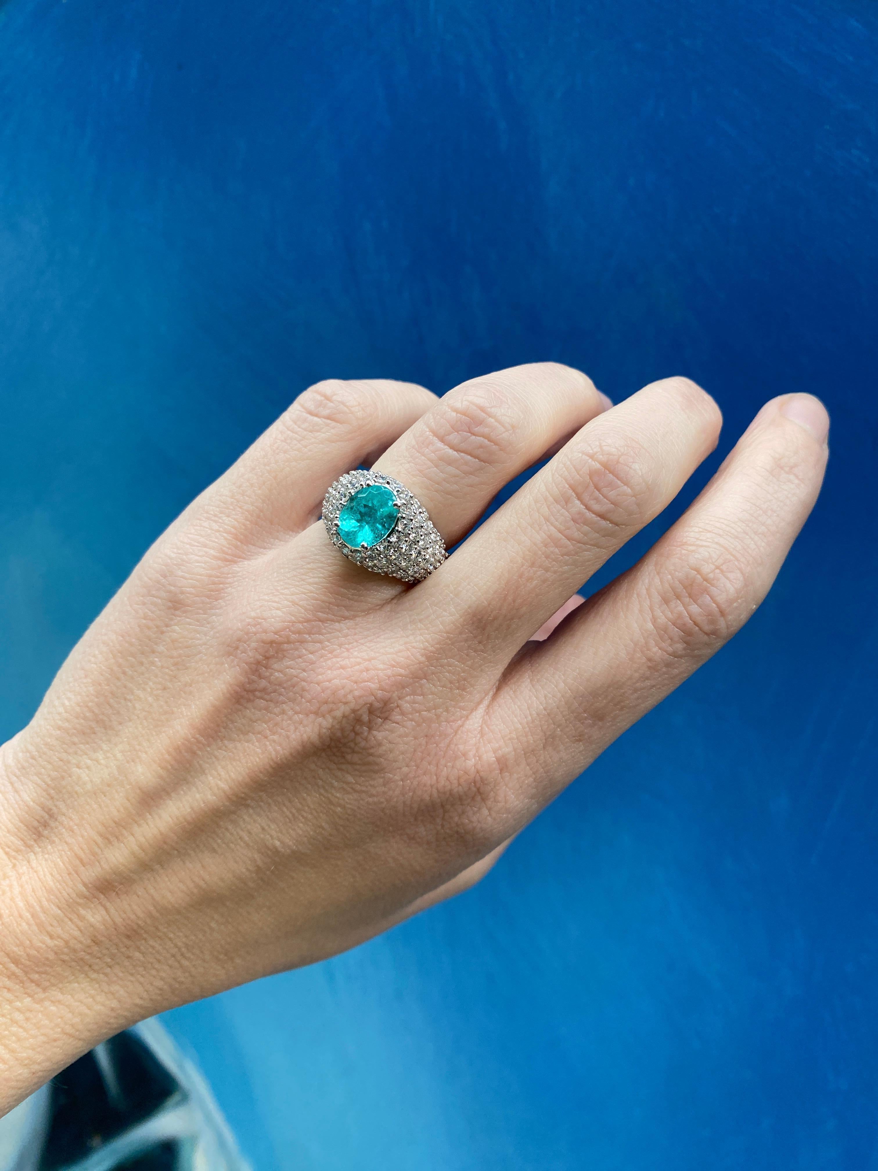 2.23 Carat Oval Cut Paraiba Tourmaline & Diamond 18 Karat White Gold Ring For Sale 12