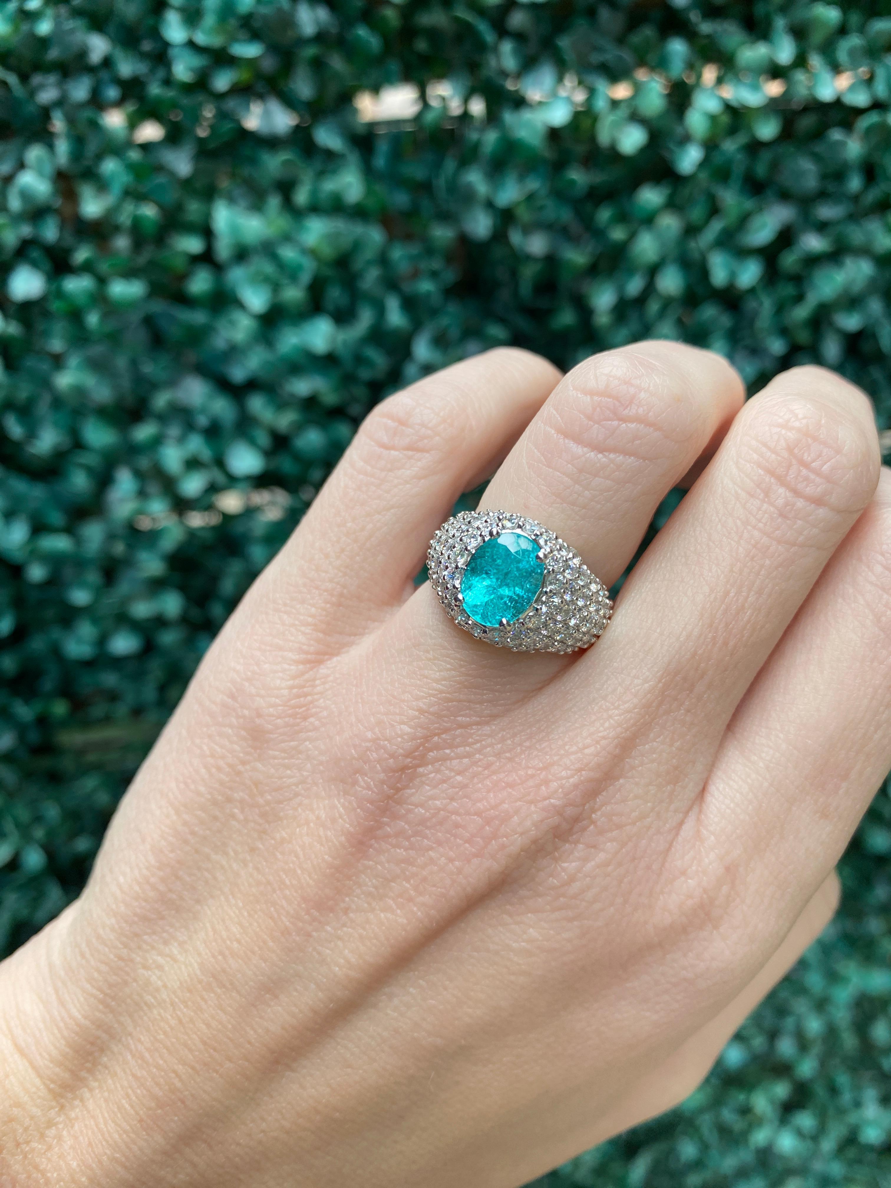 2.23 Carat Oval Cut Paraiba Tourmaline & Diamond 18 Karat White Gold Ring For Sale 13