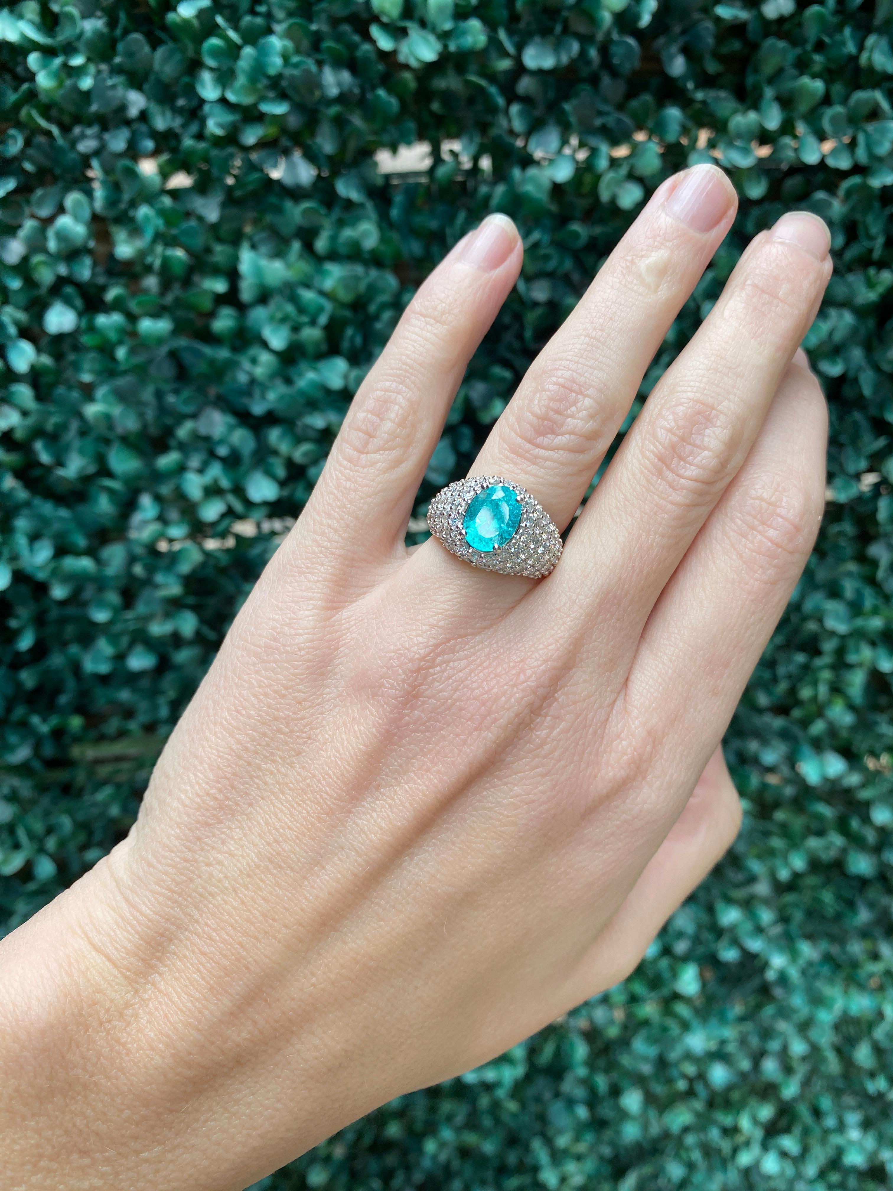 2.23 Carat Oval Cut Paraiba Tourmaline & Diamond 18 Karat White Gold Ring For Sale 14