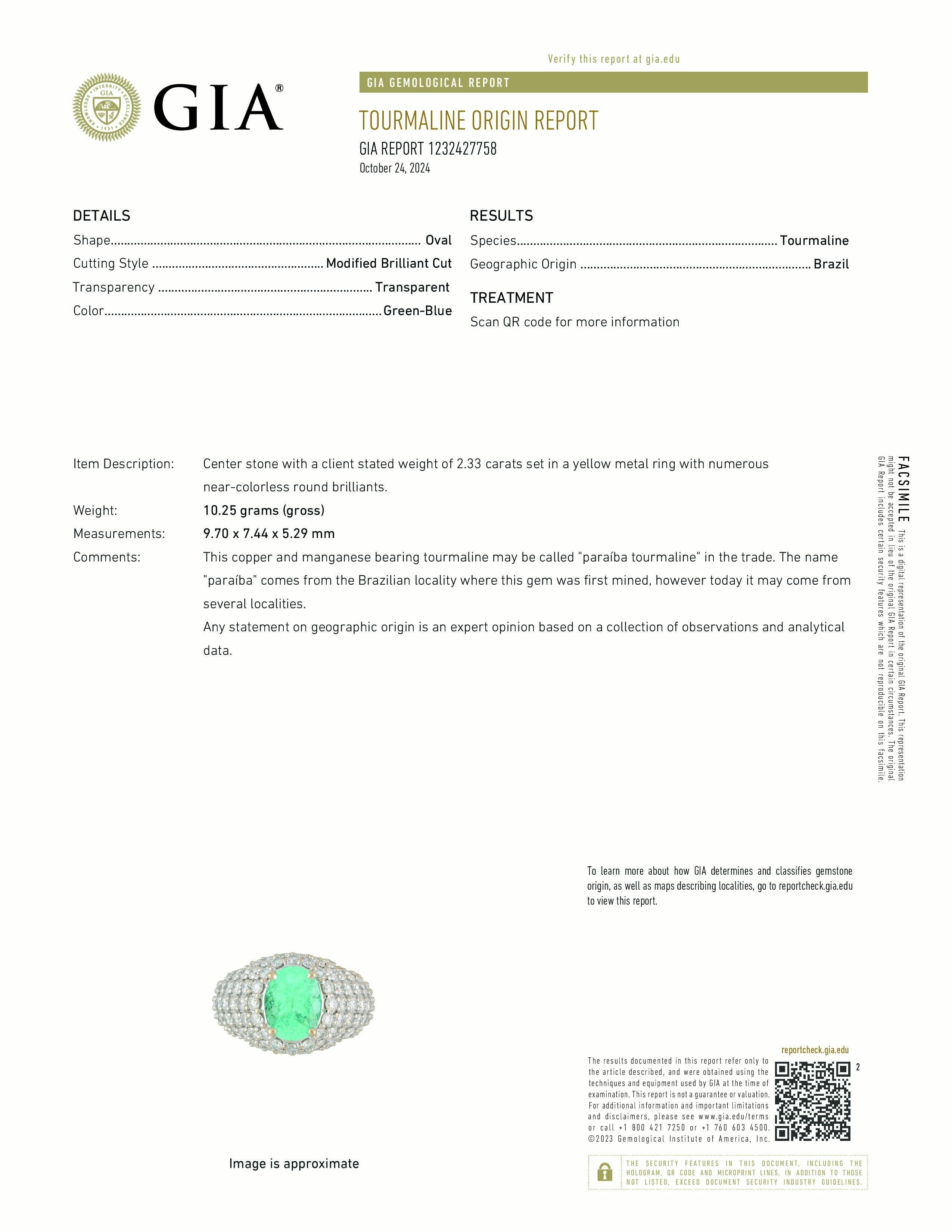 Women's or Men's 2.23 Carat Oval Cut Paraiba Tourmaline & Diamond 18 Karat White Gold Ring For Sale