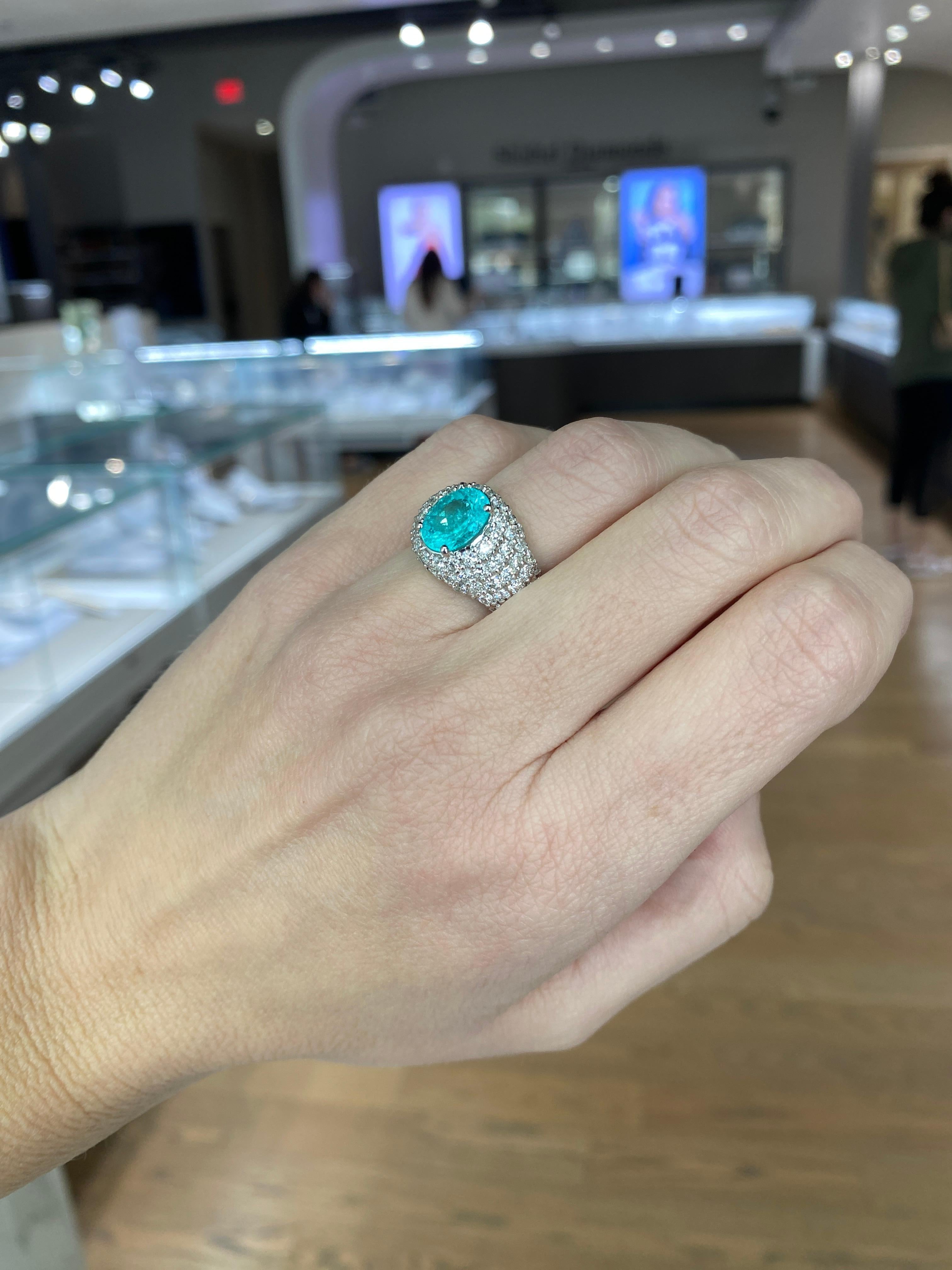 2.23 Carat Oval Cut Paraiba Tourmaline & Diamond 18 Karat White Gold Ring For Sale 1