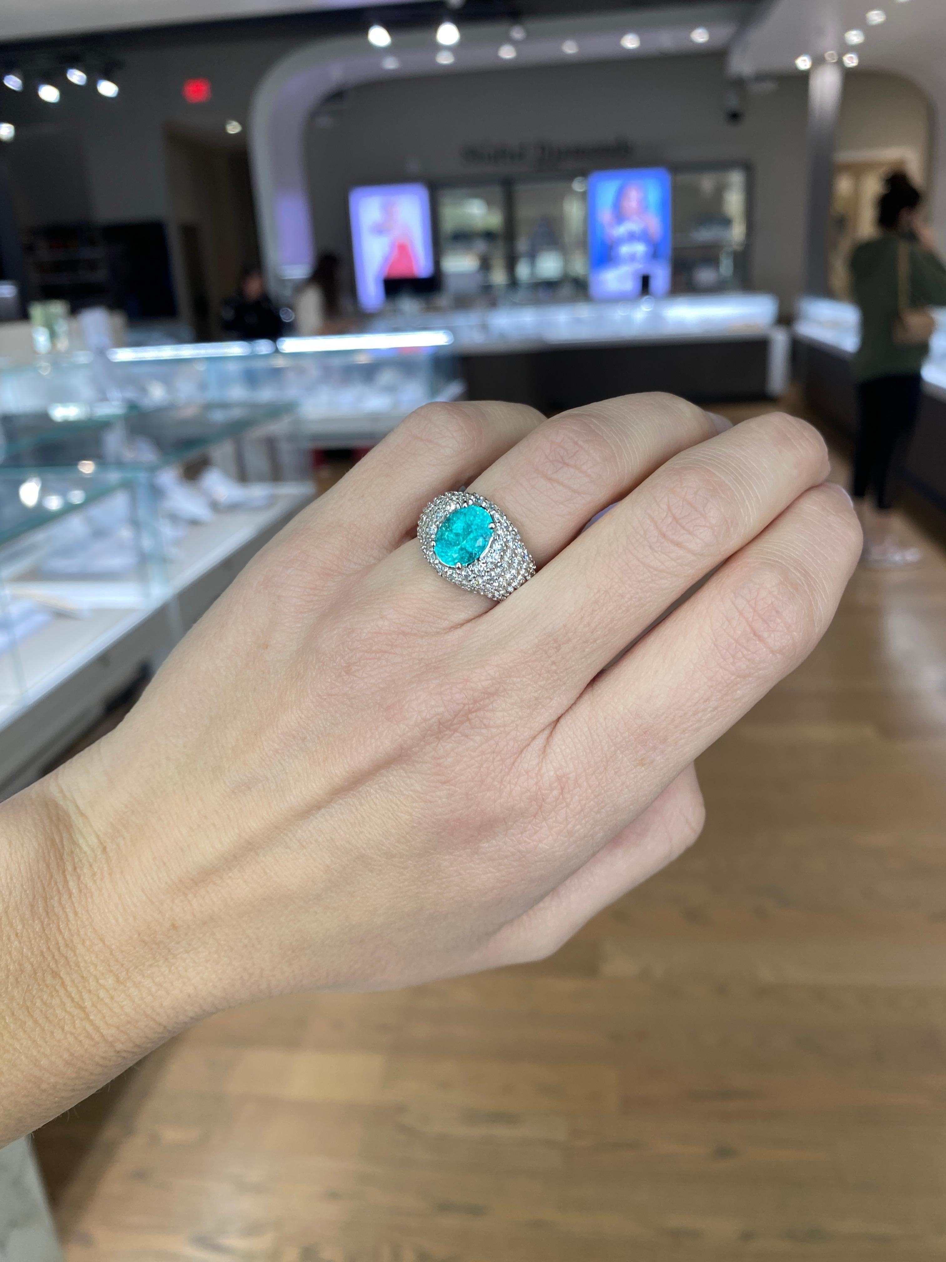 2.23 Carat Oval Cut Paraiba Tourmaline & Diamond 18 Karat White Gold Ring For Sale 2
