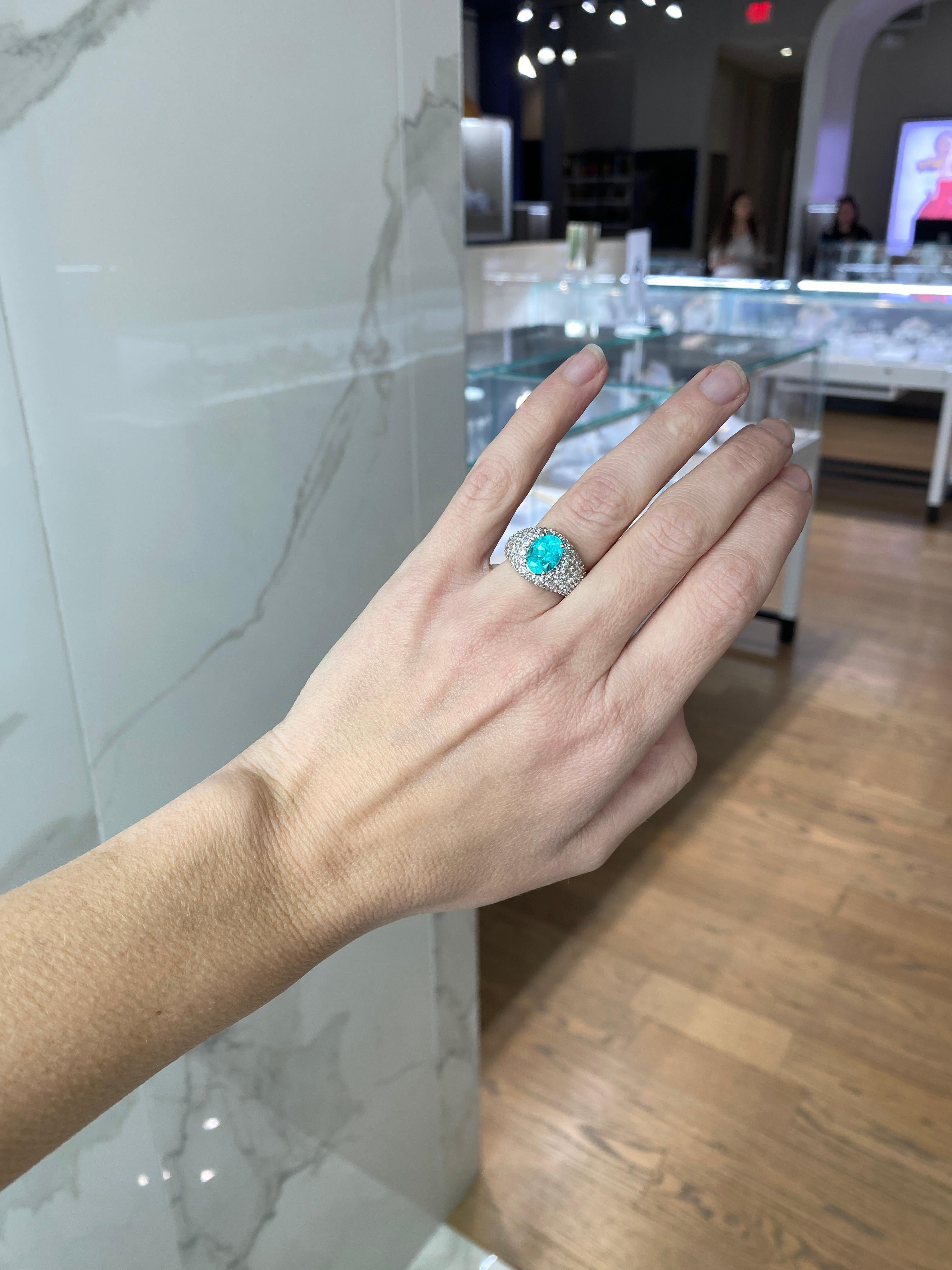 2.23 Carat Oval Cut Paraiba Tourmaline & Diamond 18 Karat White Gold Ring For Sale 3