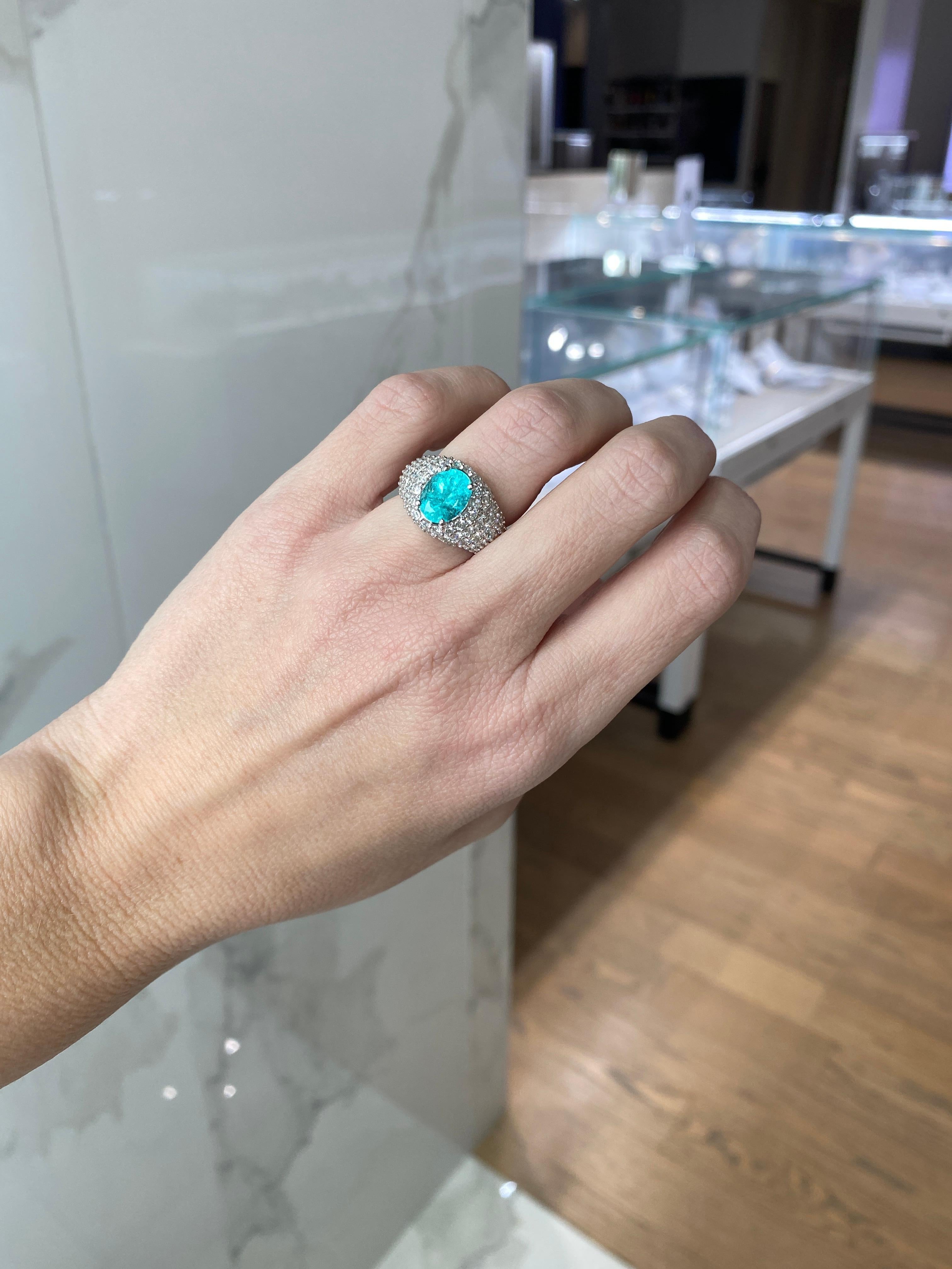 2.23 Carat Oval Cut Paraiba Tourmaline & Diamond 18 Karat White Gold Ring For Sale 4