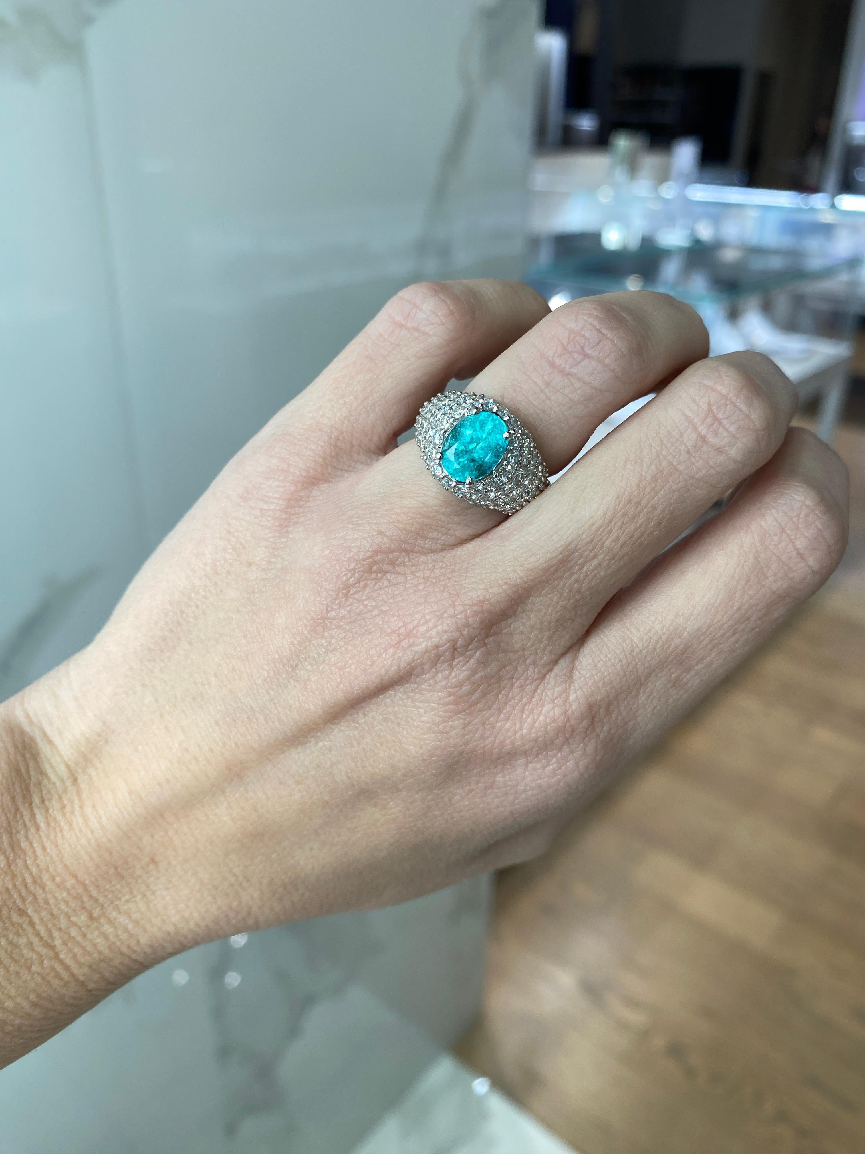 2.23 Carat Oval Cut Paraiba Tourmaline & Diamond 18 Karat White Gold Ring For Sale 5