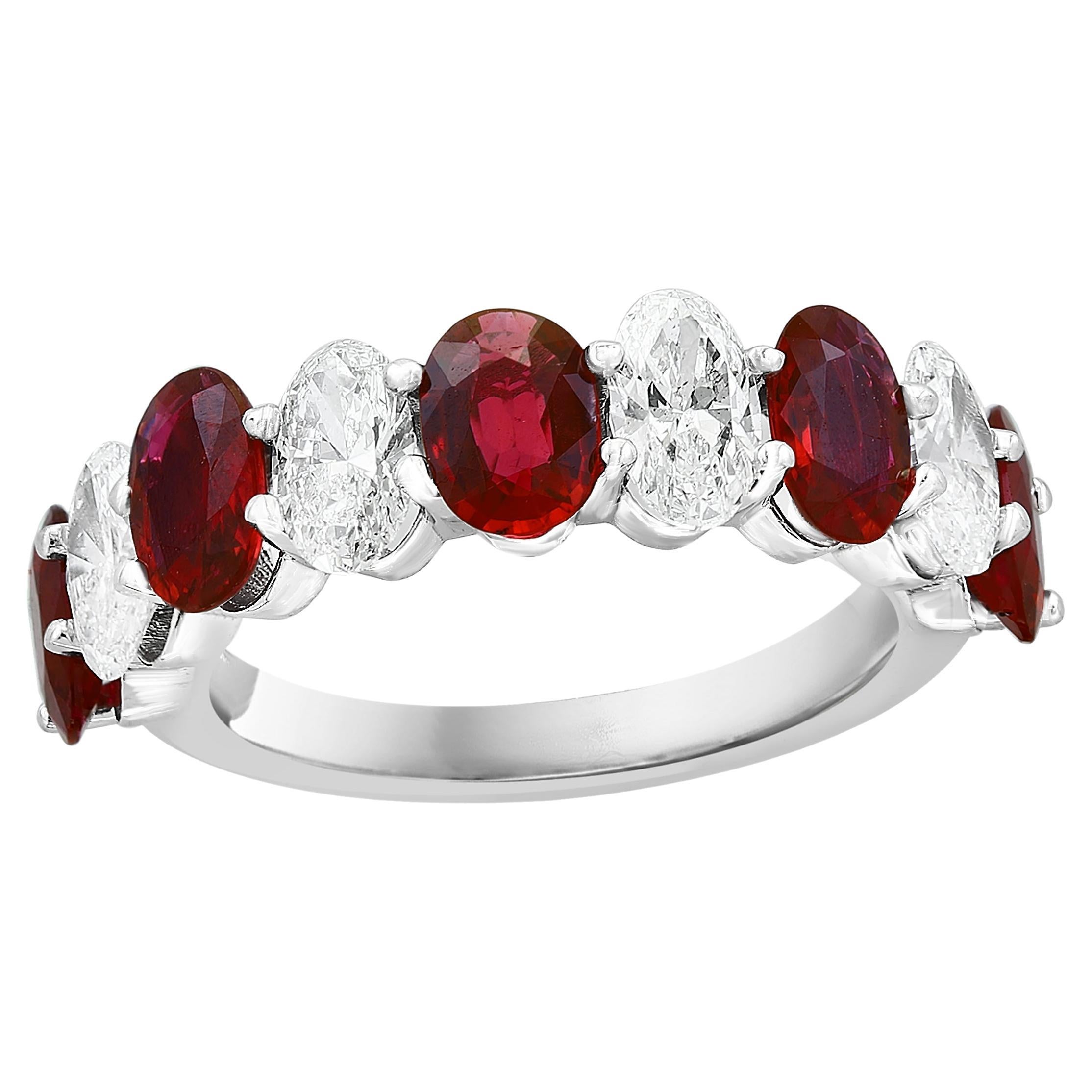 2.23 carat Oval Cut Ruby Diamond Eternity Wedding Band in 14K White Gold For Sale