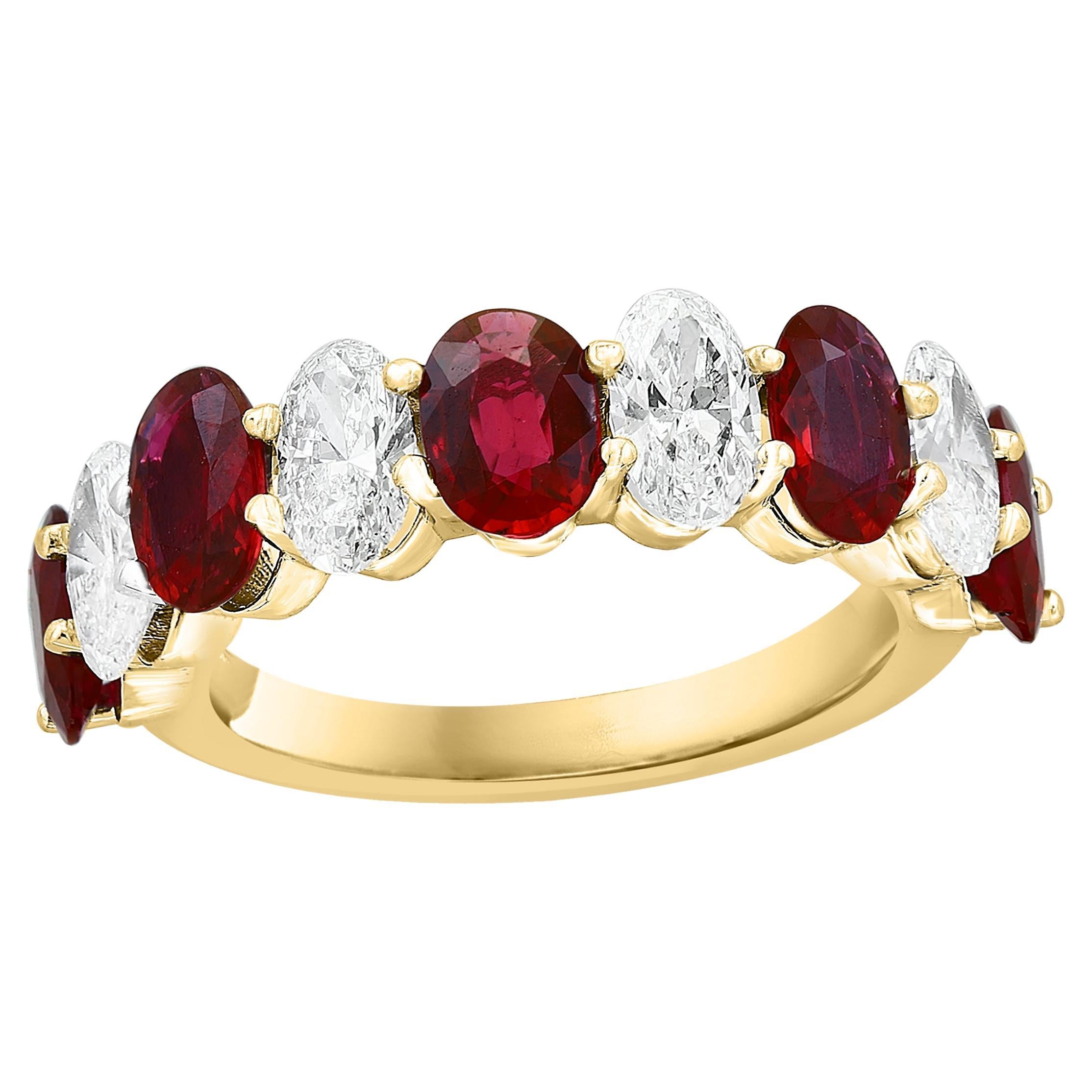 2.23 carat Oval Cut Ruby Diamond Eternity Wedding Band in 14K Yellow Gold For Sale