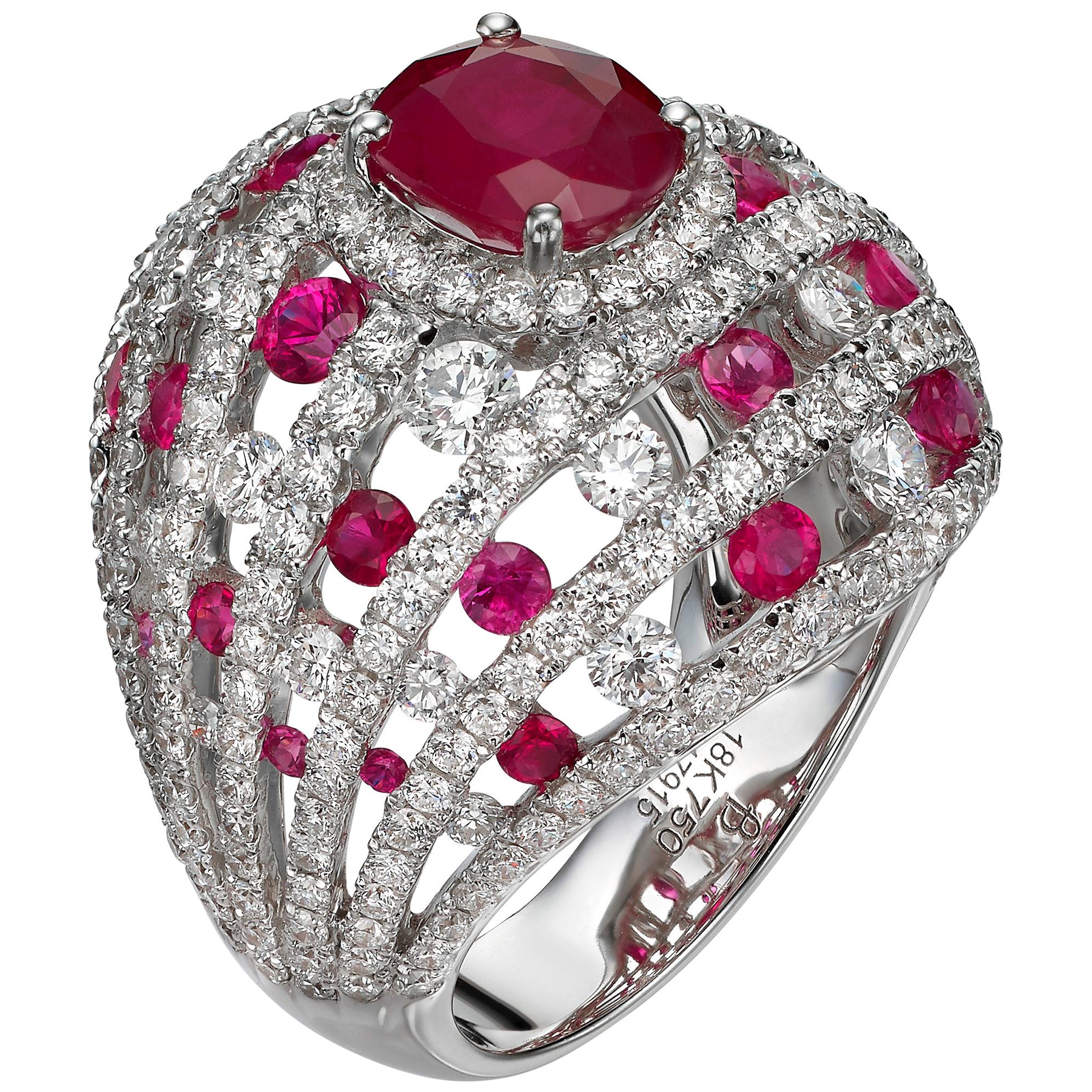 2.23 Carat Oval Ruby Diamond 18 Karat White Gold Cocktail Dome Ring For Sale