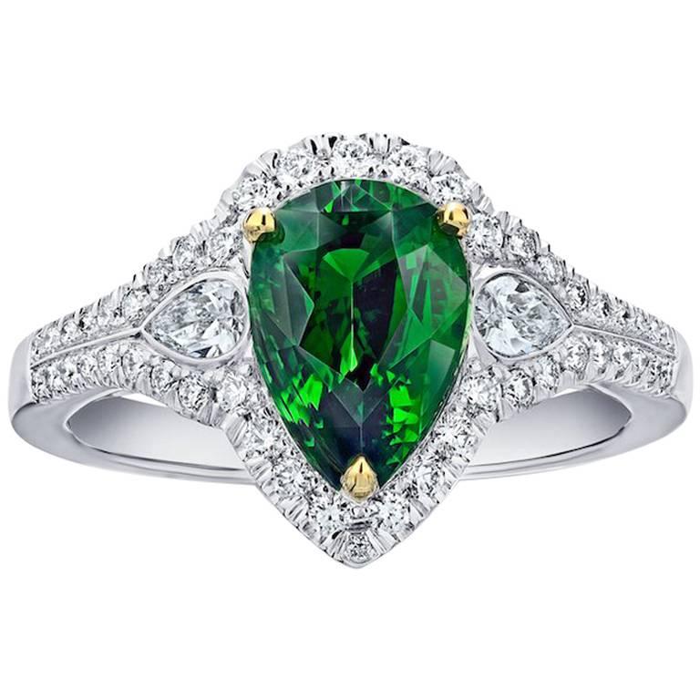 2.23 Carat Pear Shape Green Tsavorite and Diamond Platinum Ring