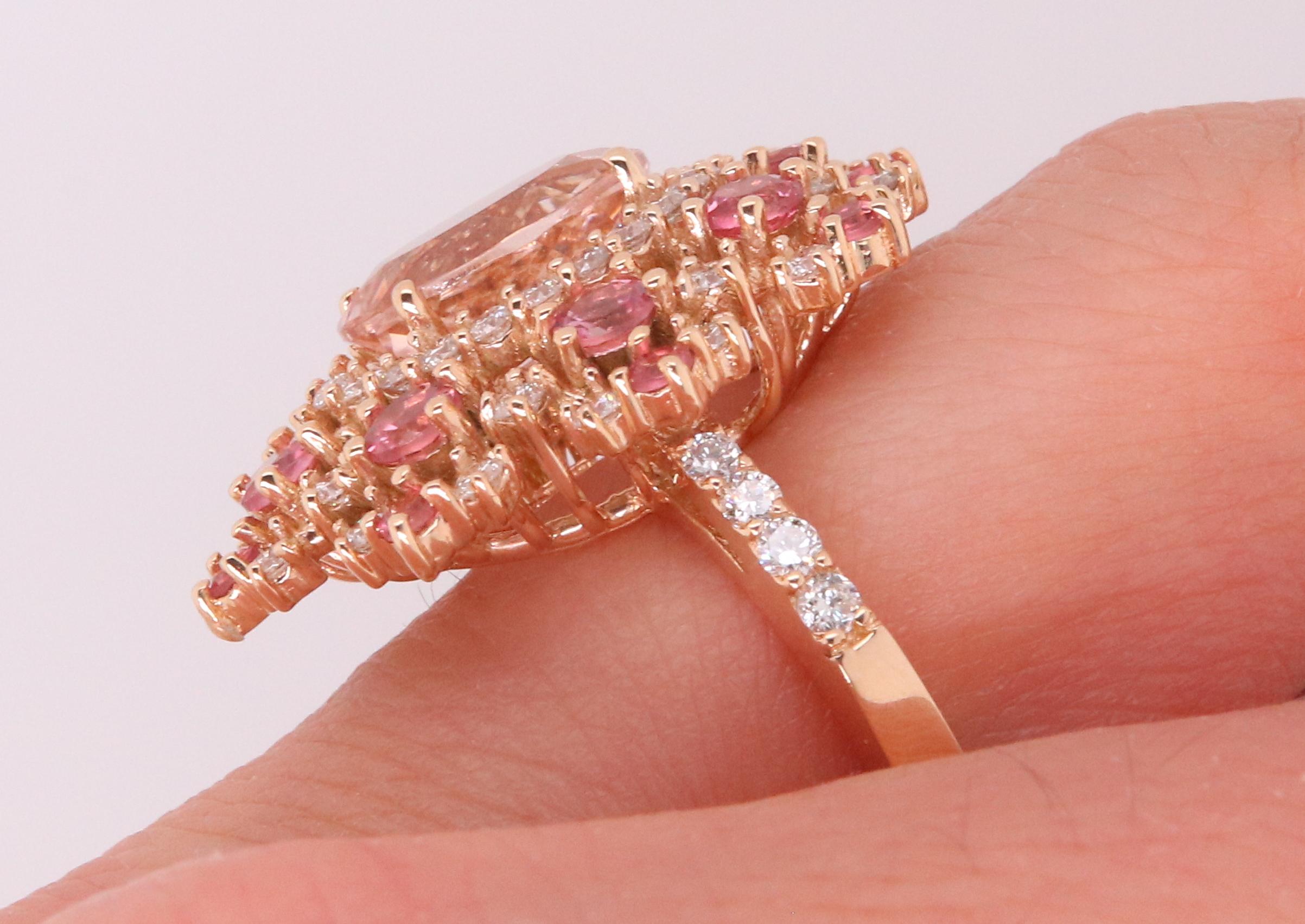 Contemporary 2.23 Carat Oval Pink Morganite, Pink Tourmaline and Diamond Ring 14K Rose Gold