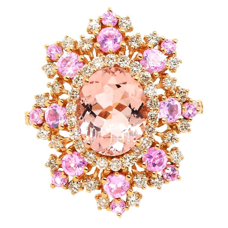 2.23 Carat Oval Pink Morganite, Pink Tourmaline and Diamond Ring 14K Rose Gold