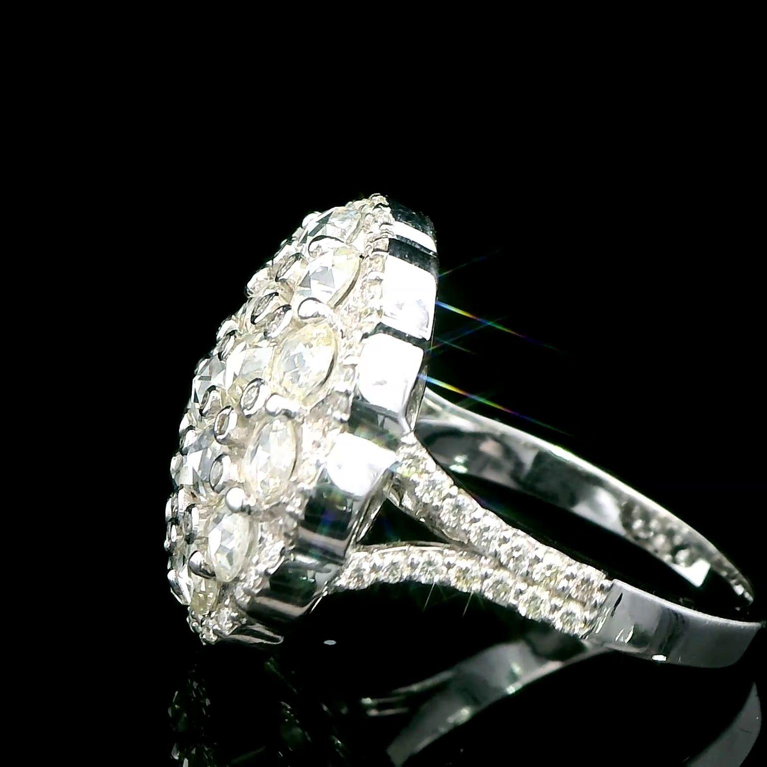 2.23 Carat Rose Cut and Brilliant Cut Dome Diamond Cluster 18K White Gold Ring  3