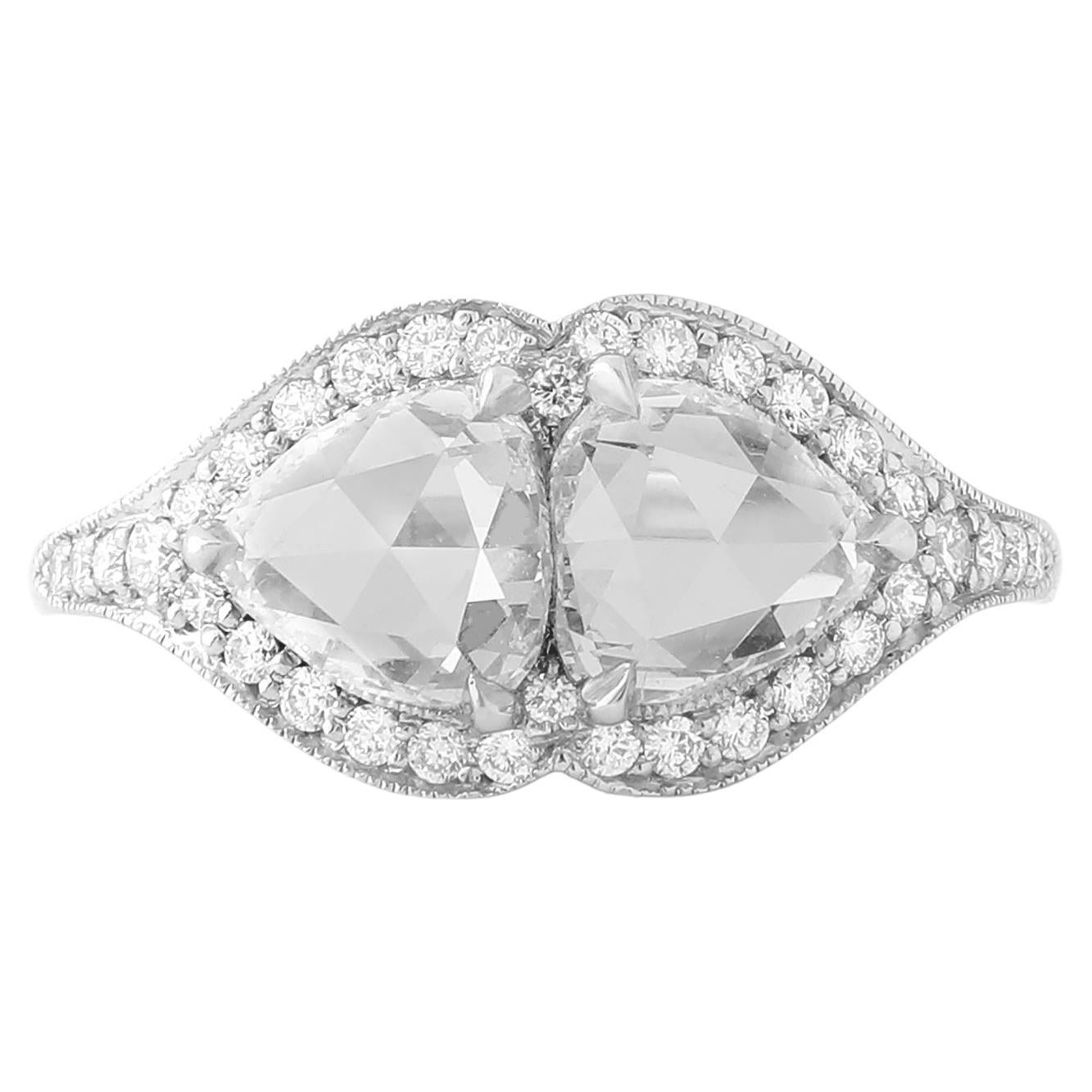 2.23 Carat Rose Cut Diamond Pear Shape Twin Stone 'Toi et Moi' Ring