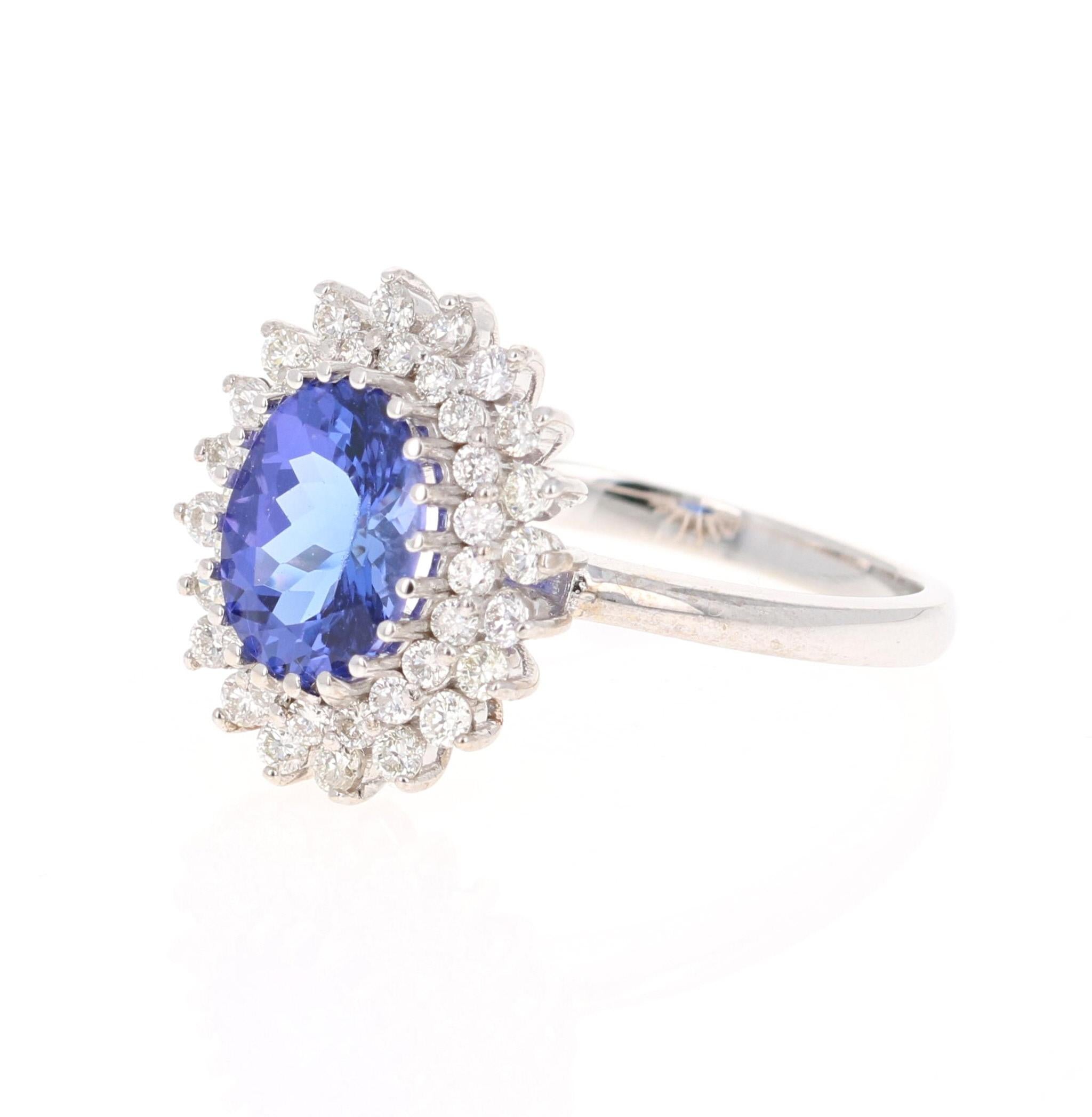 Contemporary 2.23 Carat Tanzanite Diamond 18 Karat White Gold Cocktail Ring For Sale