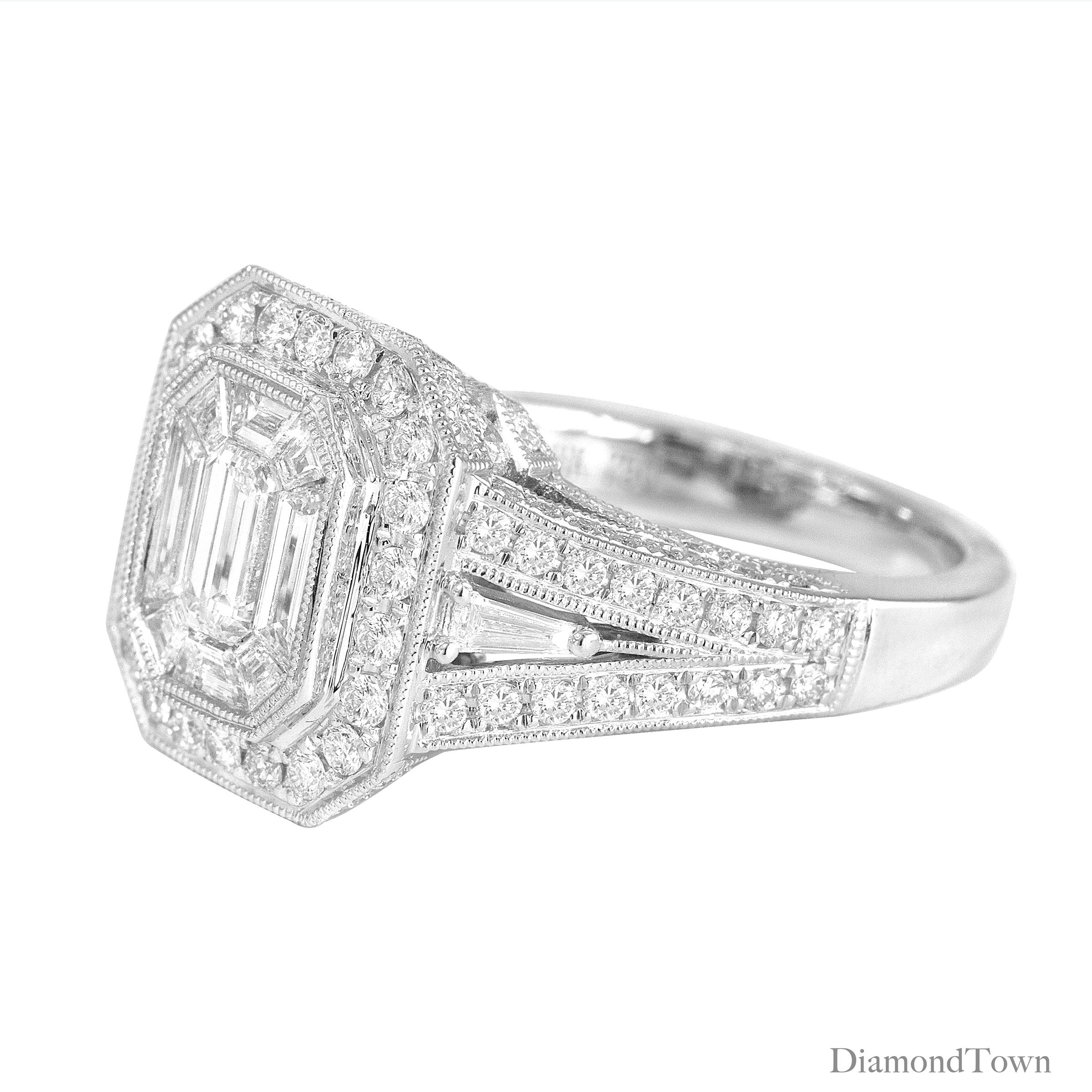 At its heart, this ring features a central cluster of baguette diamonds with a combined weight of 0.81 carats. These baguette diamonds bring a sense of sophistication and uniqueness, offering a stunning departure from traditional diamond cuts.

An