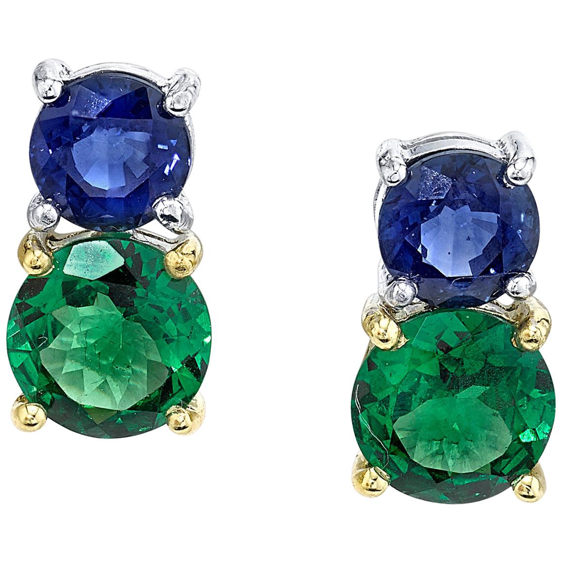 2.23 ct. t.w. Tsavorite Garnet & Blue Sapphire Round 18k Gold Stud Drop Earrings