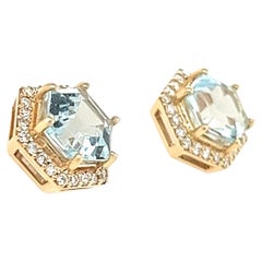 Aquamarine 14k Yellow Gold Studs Bridal Earrings Cocktail Party Earring