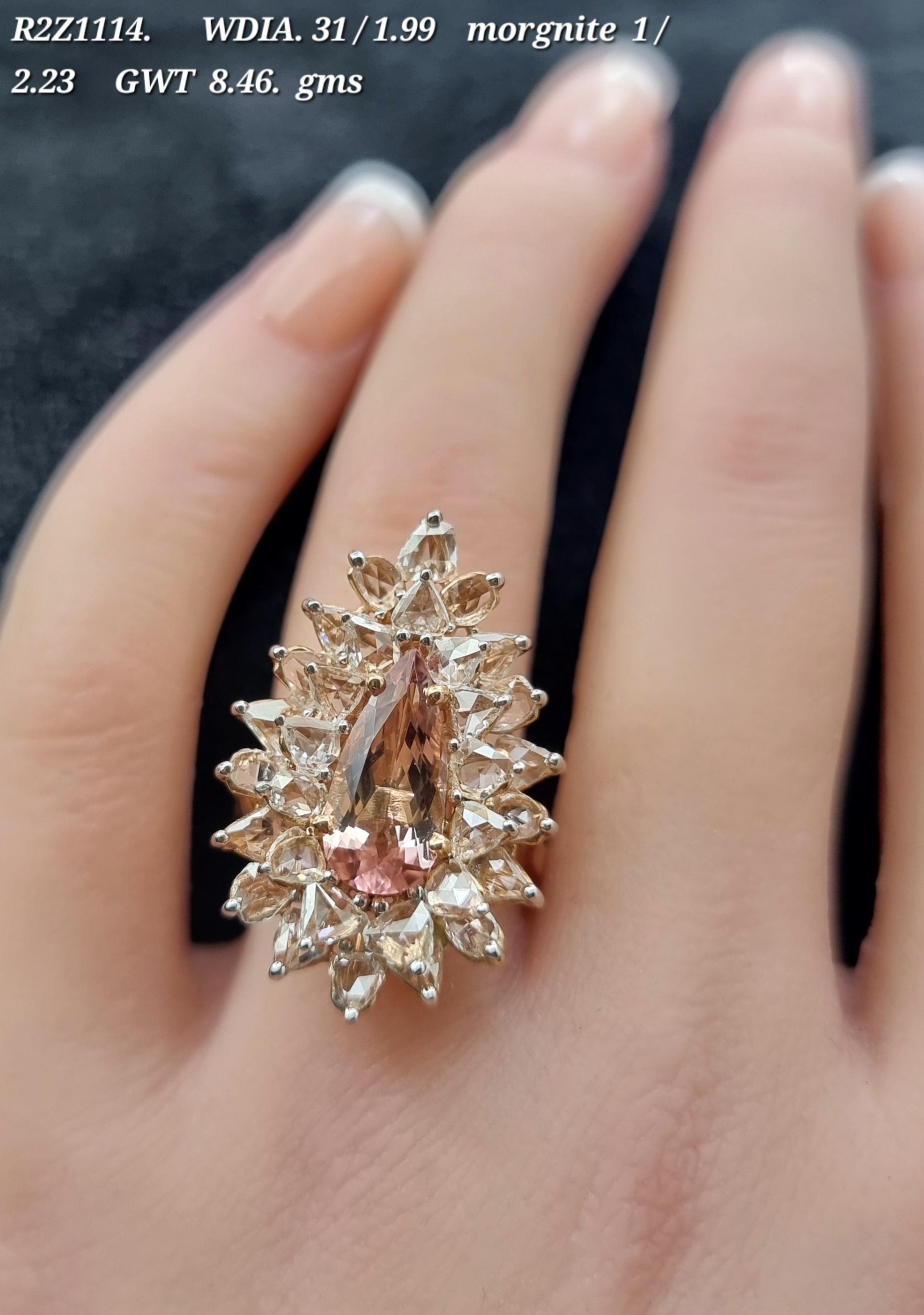 Anillo de Morganita con Diamante talla Rosa de 2,23 Quilates Corte pera en venta