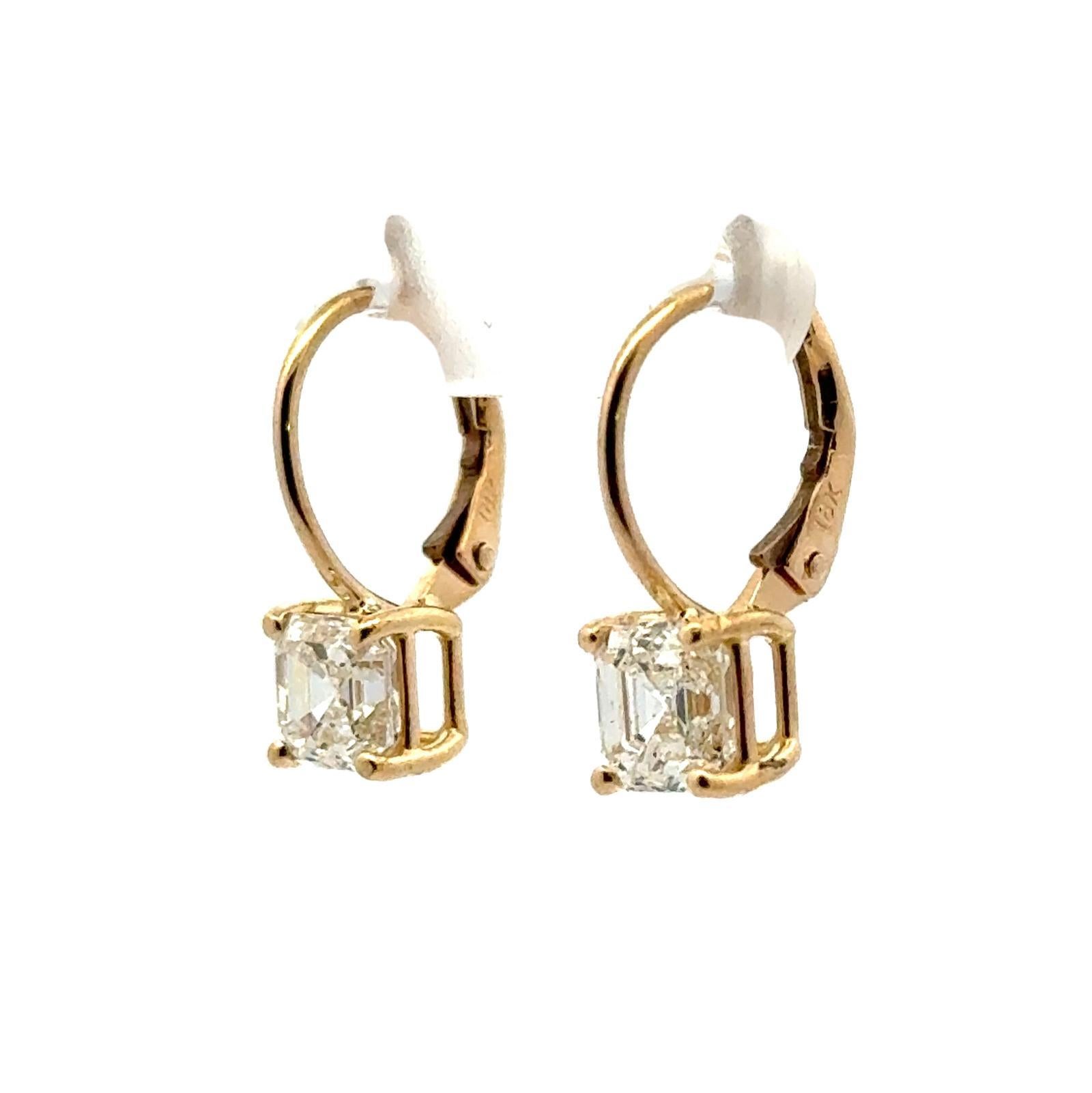 2.23 CTW  Asscher Cut Diamond 18 Karat Yellow Gold Drop Earrings GIA J/SI1-2 1