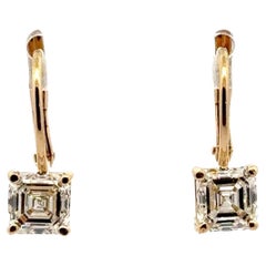 2.23 CTW  Asscher Cut Diamond 18 Karat Yellow Gold Drop Earrings GIA J/SI1-2