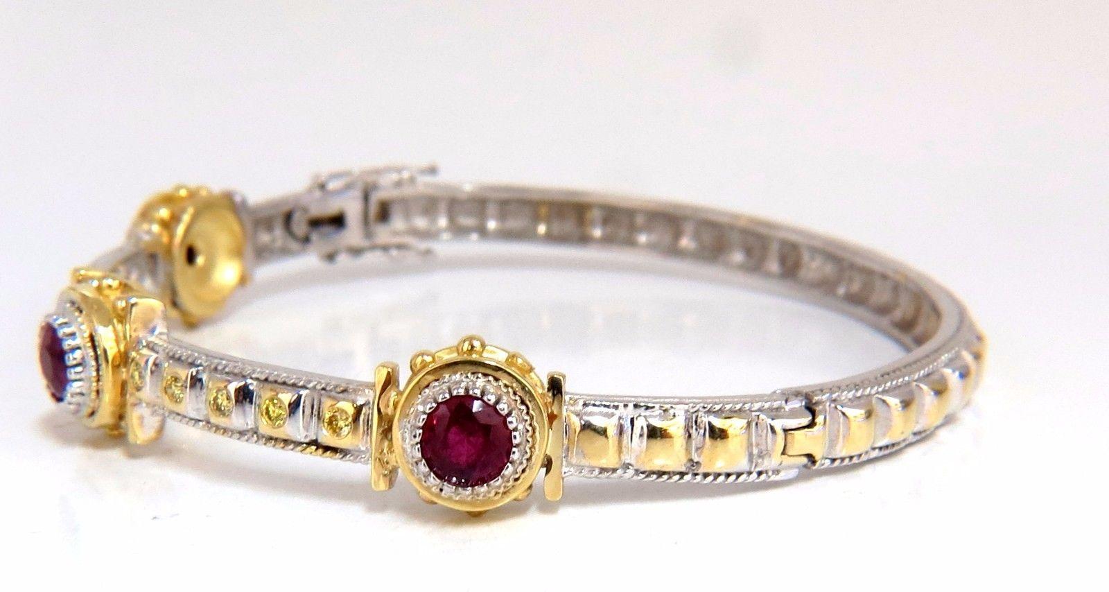 Women's or Men's 2.23 Natural Ruby Yellow Diamond Bangle Bracelet 14 Karat Spanish / Gothic Deco For Sale