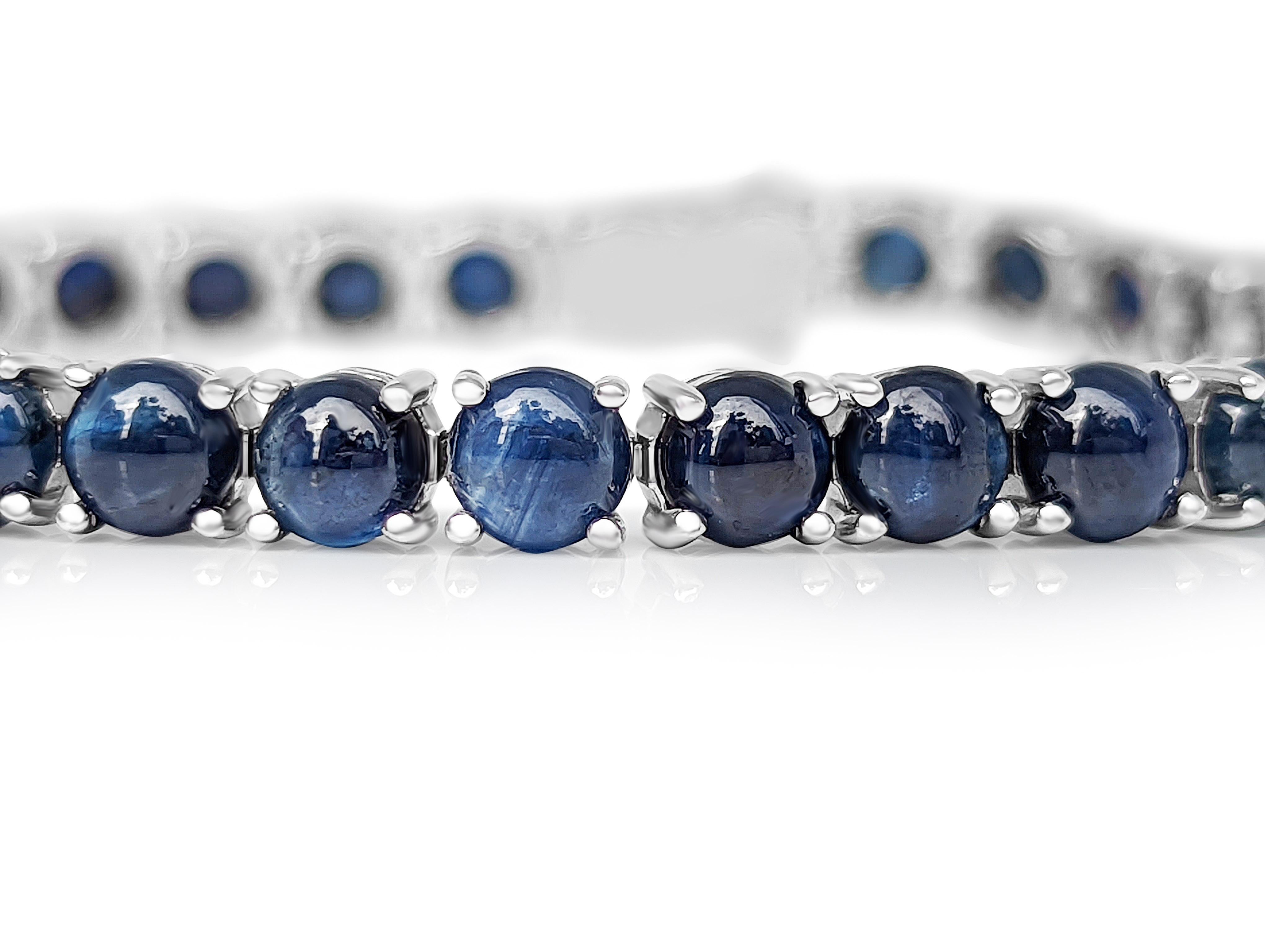 22.30 Ct Natural Round Cabochon Sapphire, 14 Kt. White Gold, Tennis Bracelet In New Condition In Ramat Gan, IL