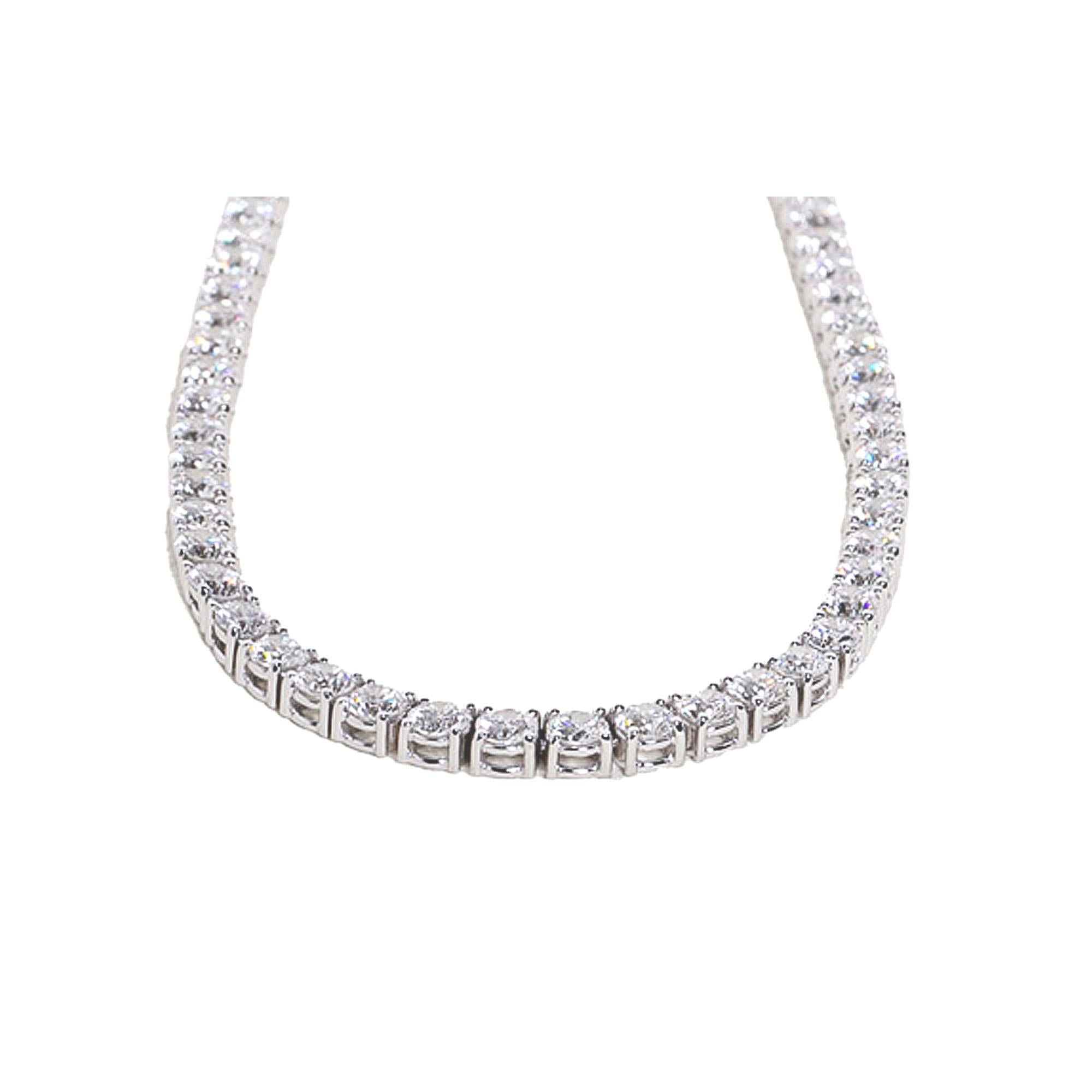 Round Cut 22.31 Carat E-F Color VS Clarity Round Diamond 18k White Gold Tennis Necklace For Sale