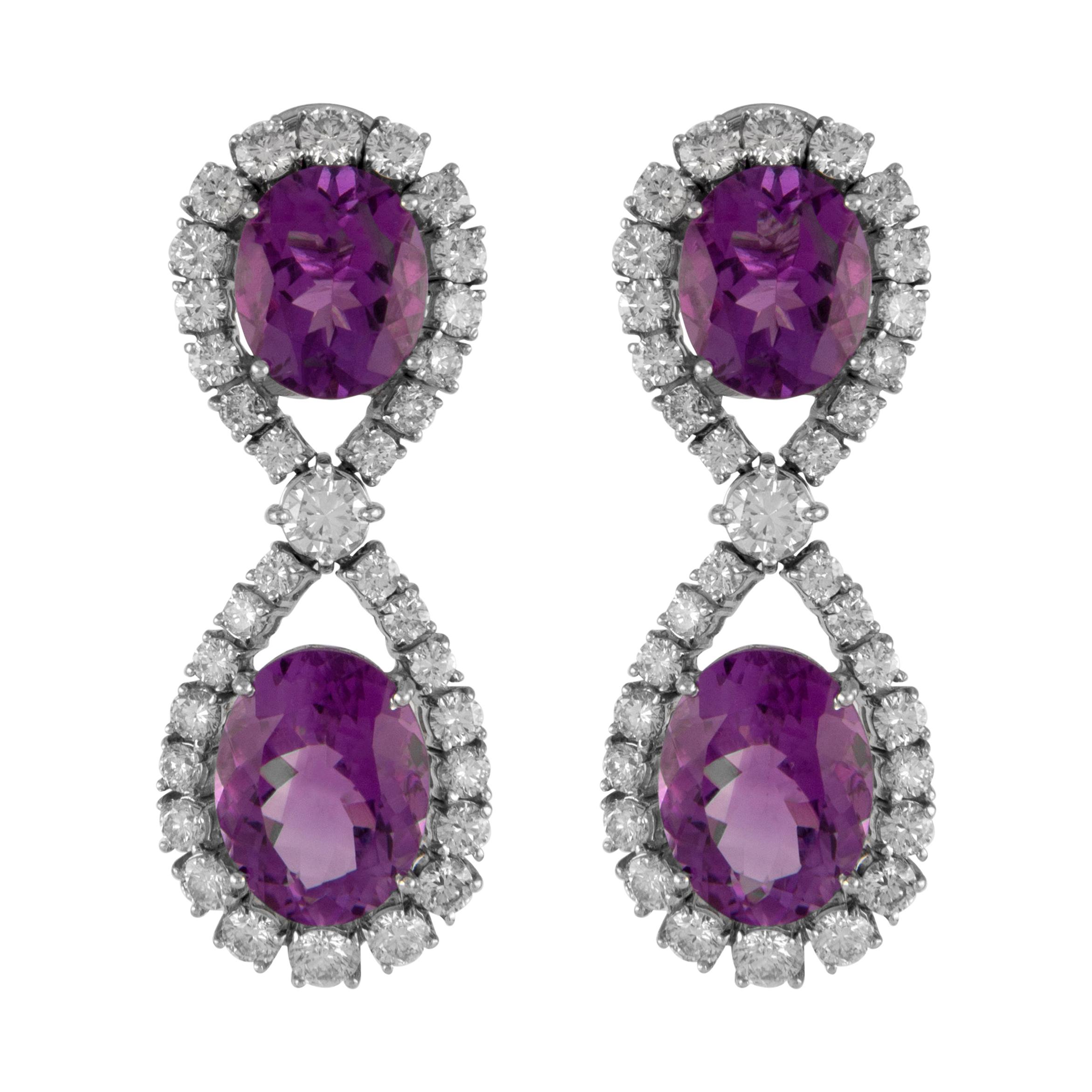 22.32ct Oval Amethyst with Diamonds Drop Earrings 18k White Gold