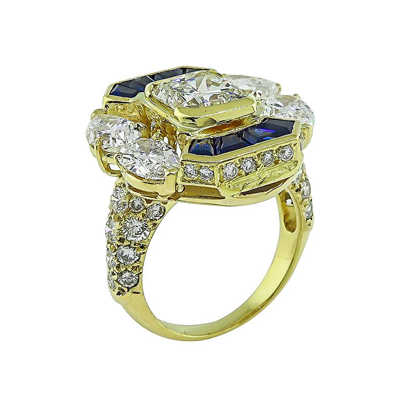Radiant Cut 2.23 Carat Center Diamond 3.80 Carat Side Diamond Sapphire Gold Ring