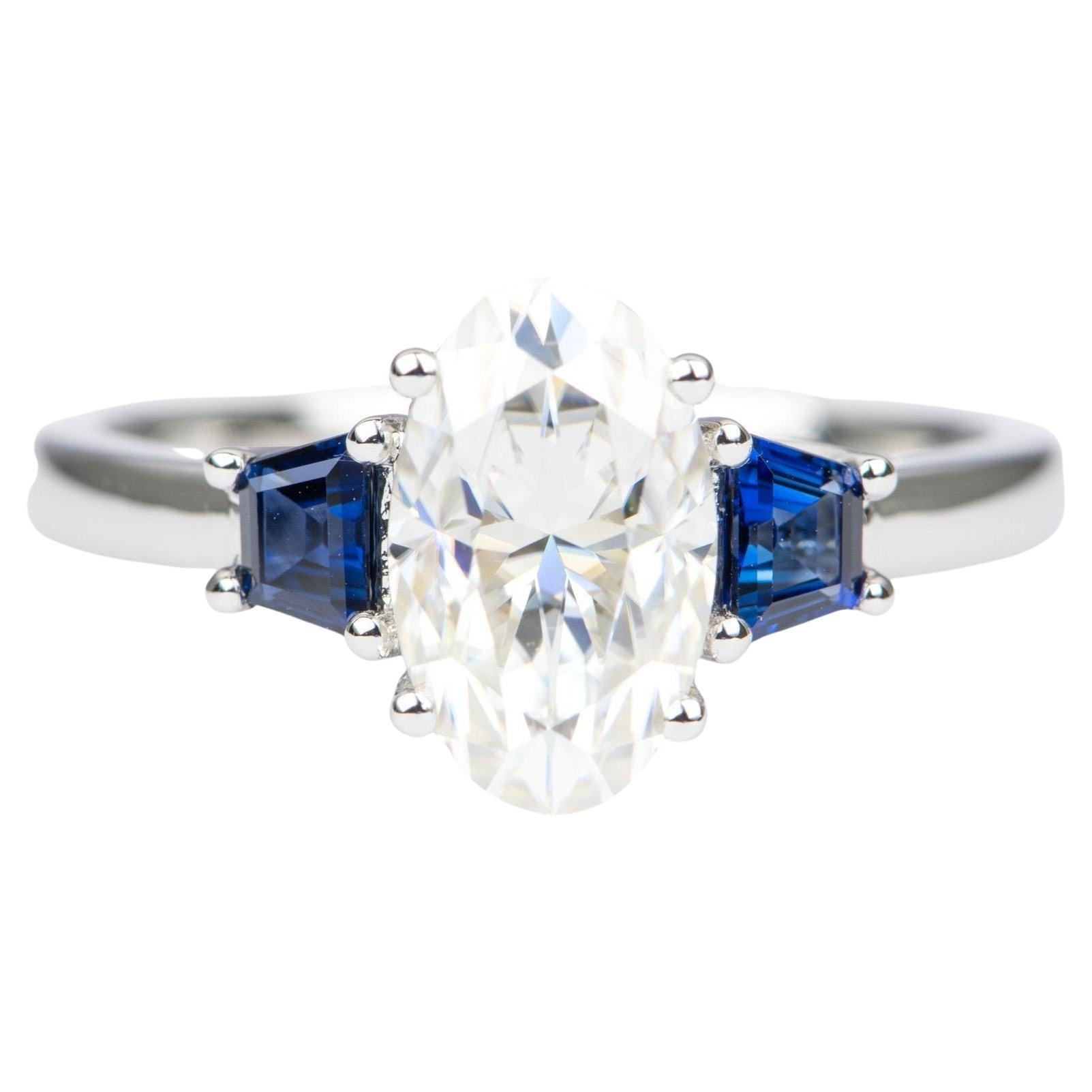 2.23ct Elongated Oval Moissanite Sapphire Sides 14K White Gold Engagement Ring
