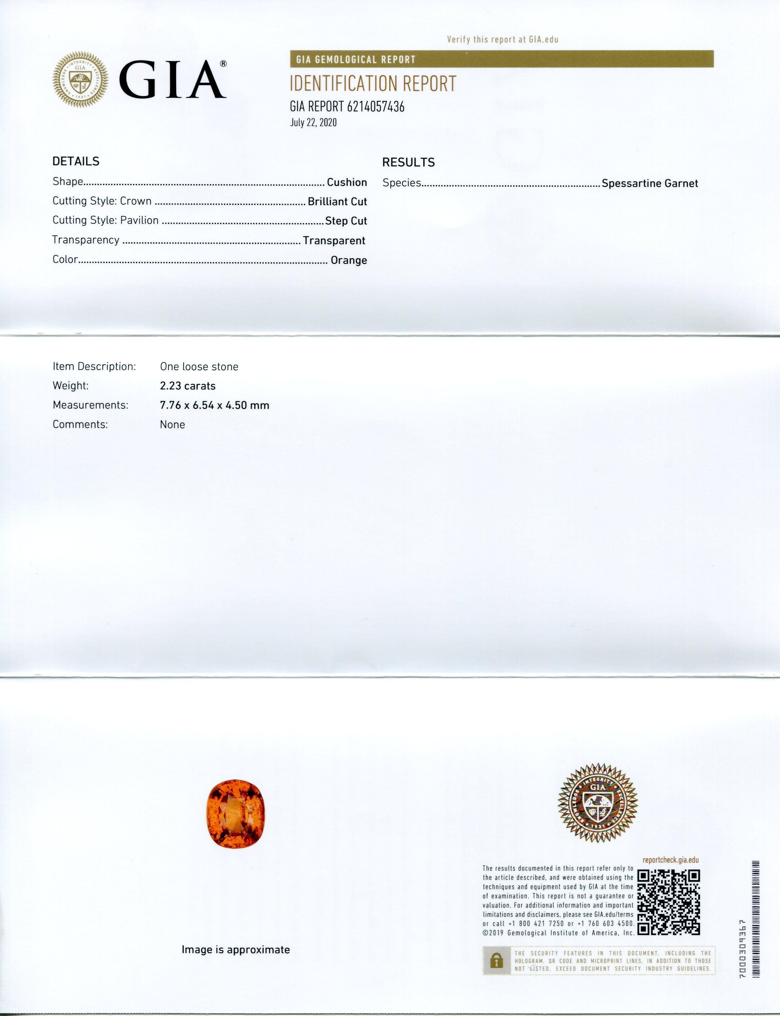 Si tratta di un magnifico granato spessartino certificato GIA

 

Il rapporto GIA recita come segue:

 

Numero del rapporto GIA: 6214057436
Forma: Cuscino
Stile di taglio:
Stile di taglio: Corona: Taglio brillante
Stile di taglio: Padiglione: