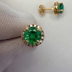 2.23ct Vivid Green Emerald Diamond Round Cut 18k Yellow Gold Halo Earring Studs