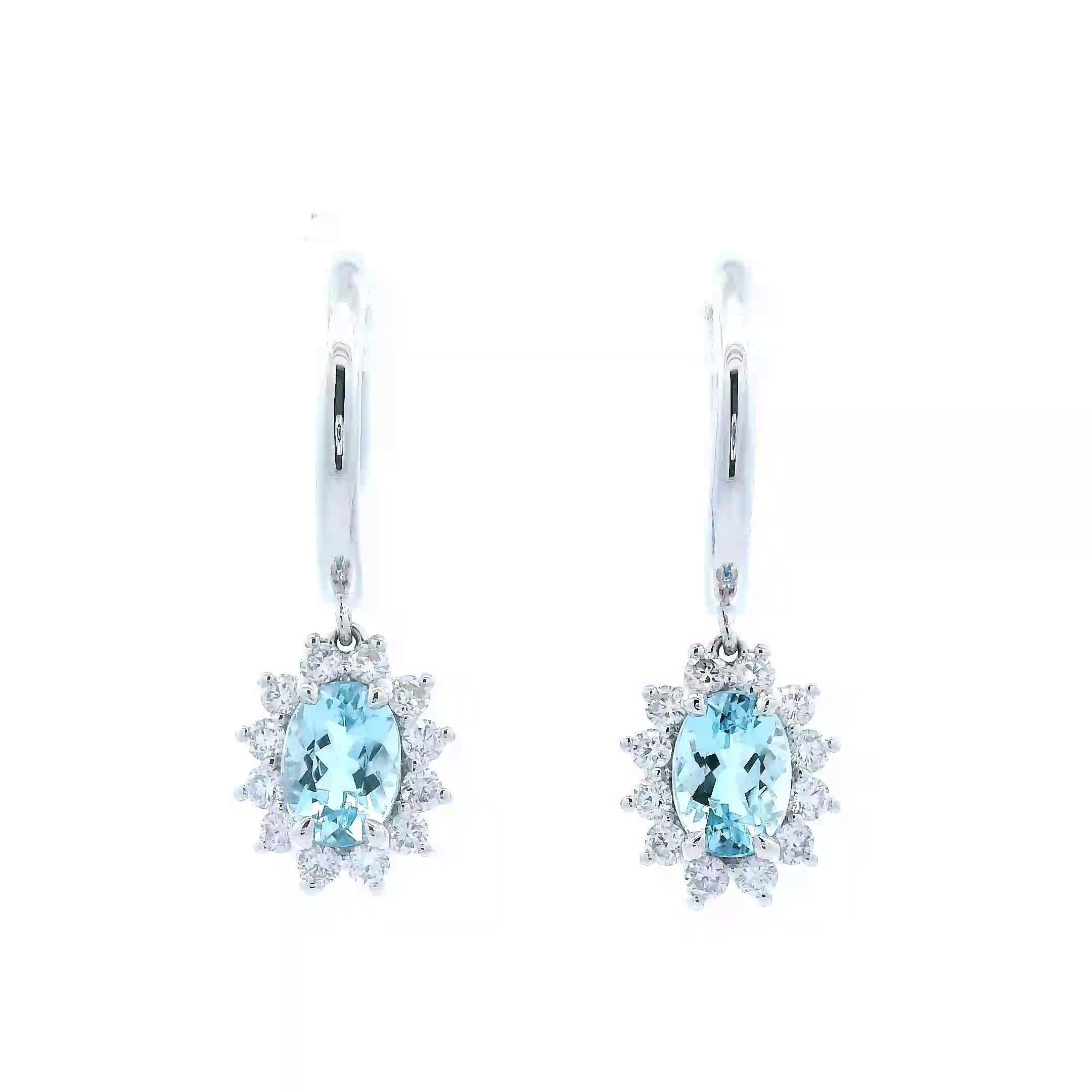 Contemporary 2.23ctt Oval Aquamarine & Diamond Earrings White Gold For Sale