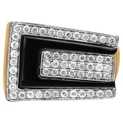 2.23Cttw Round Diamond & Onyx Wide Band Cocktail Ring 14k Yellow Gold