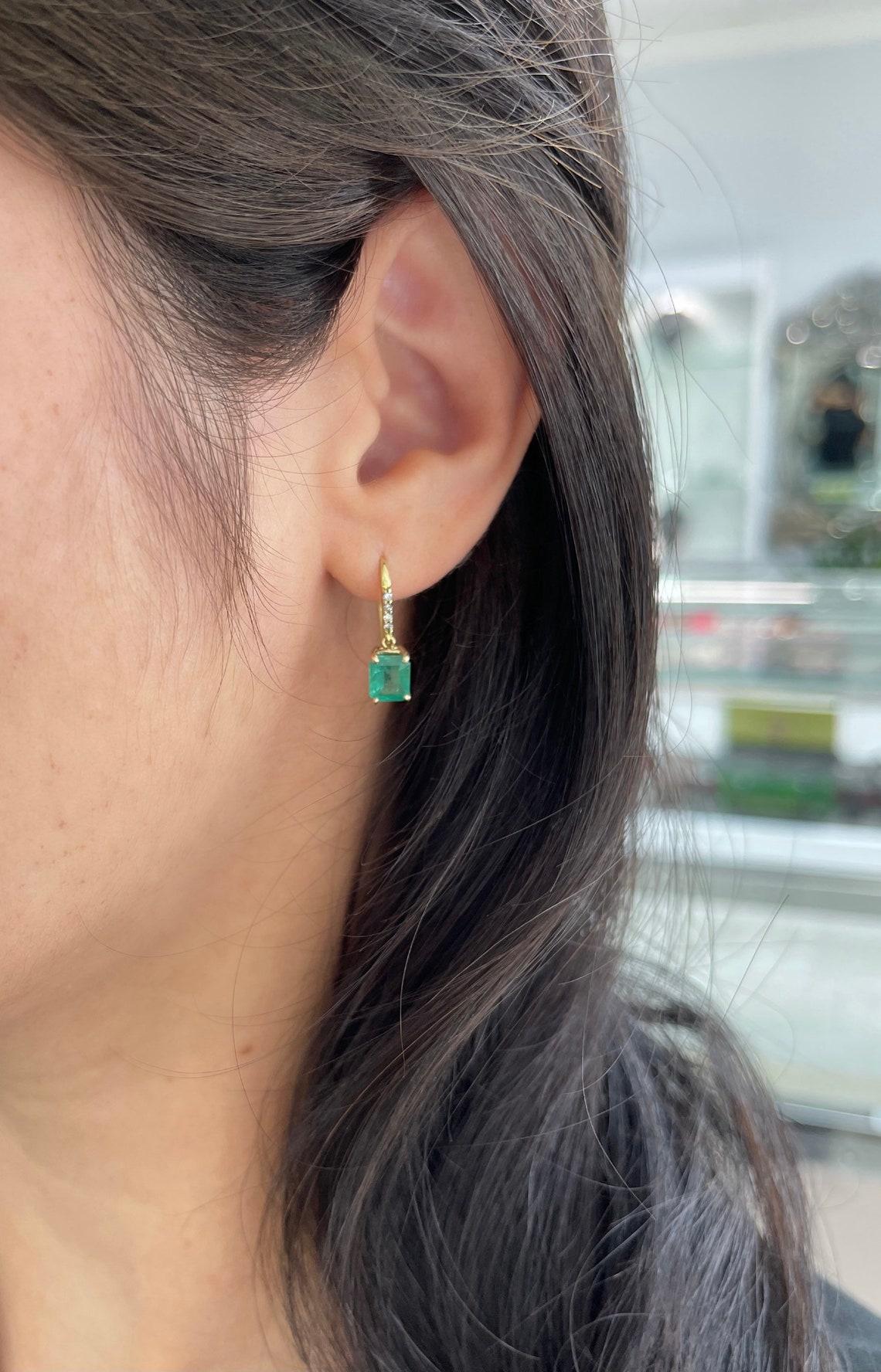 Emerald Cut 2.53tcw 14K Emerald & Diamond Hook Gold Dangle Earrings For Sale
