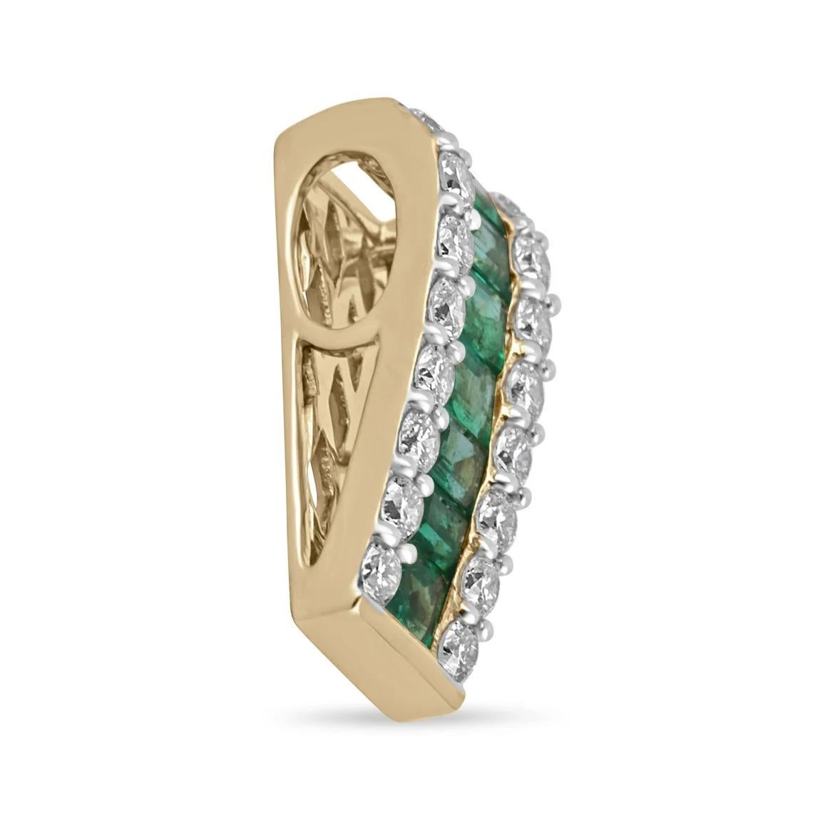 A stunning emerald and diamond unisex pendant. Between almost a full carat of pave set, brilliant round cut diamonds are 1.36-carats (total) of natural emeralds; set east to west, with stunning green color and great characteristics. Carefully set in