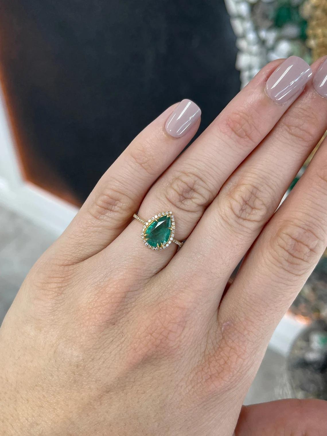 Modern 2.23tcw 14K Pear Cut Emerald & Diamond Halo & Shank Engagement Gold Ring 585  For Sale