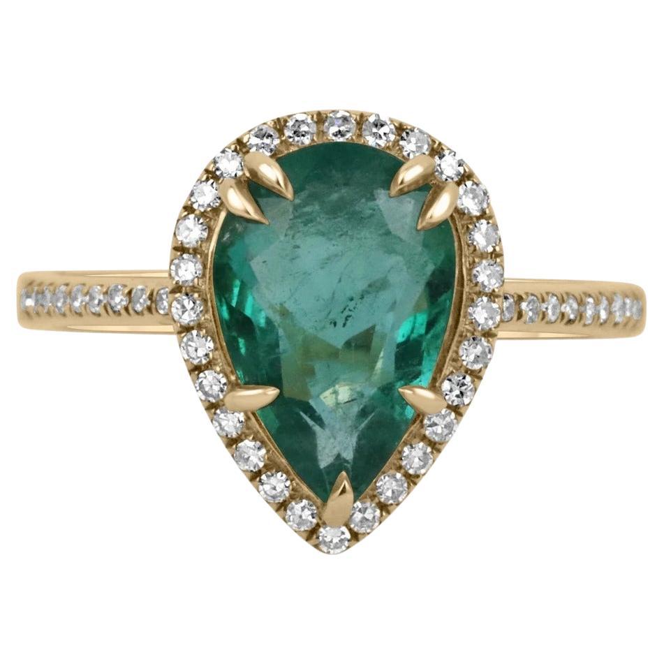 2.23tcw 14K Pear Cut Emerald & Diamond Halo & Shank Engagement Gold Ring 585  For Sale