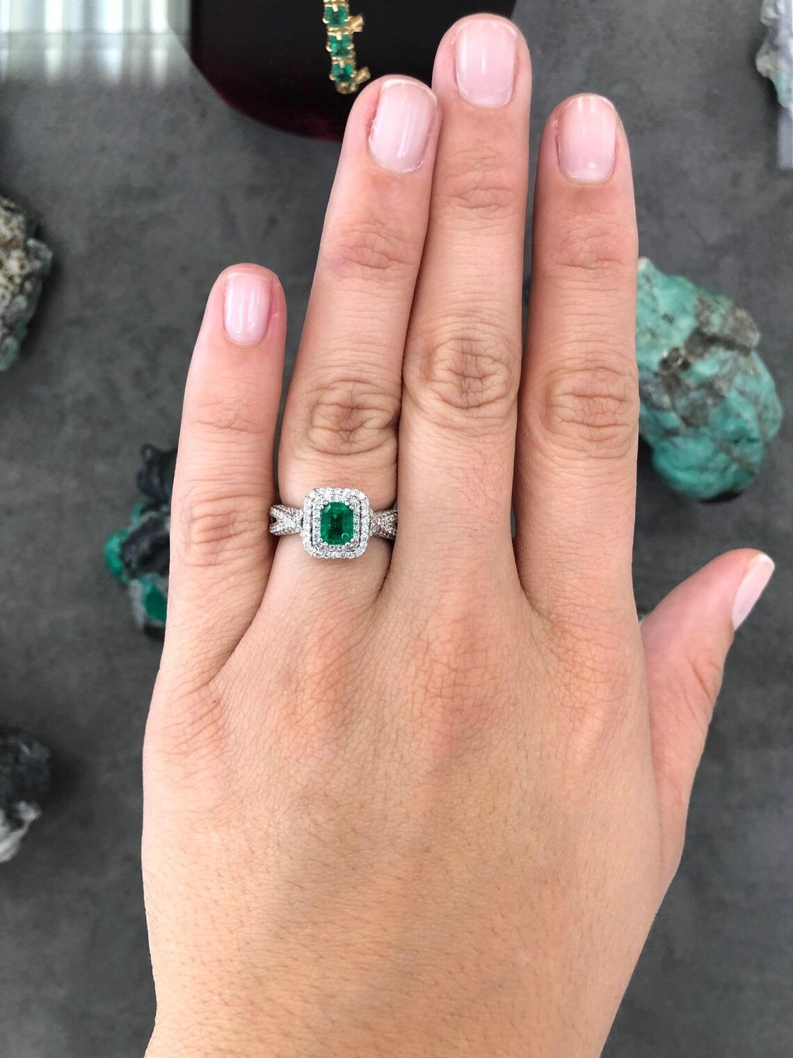 2.23tcw AAA+ Colombian Emerald-Emerald Cut & Diamond Halo Statement Ring In New Condition For Sale In Jupiter, FL